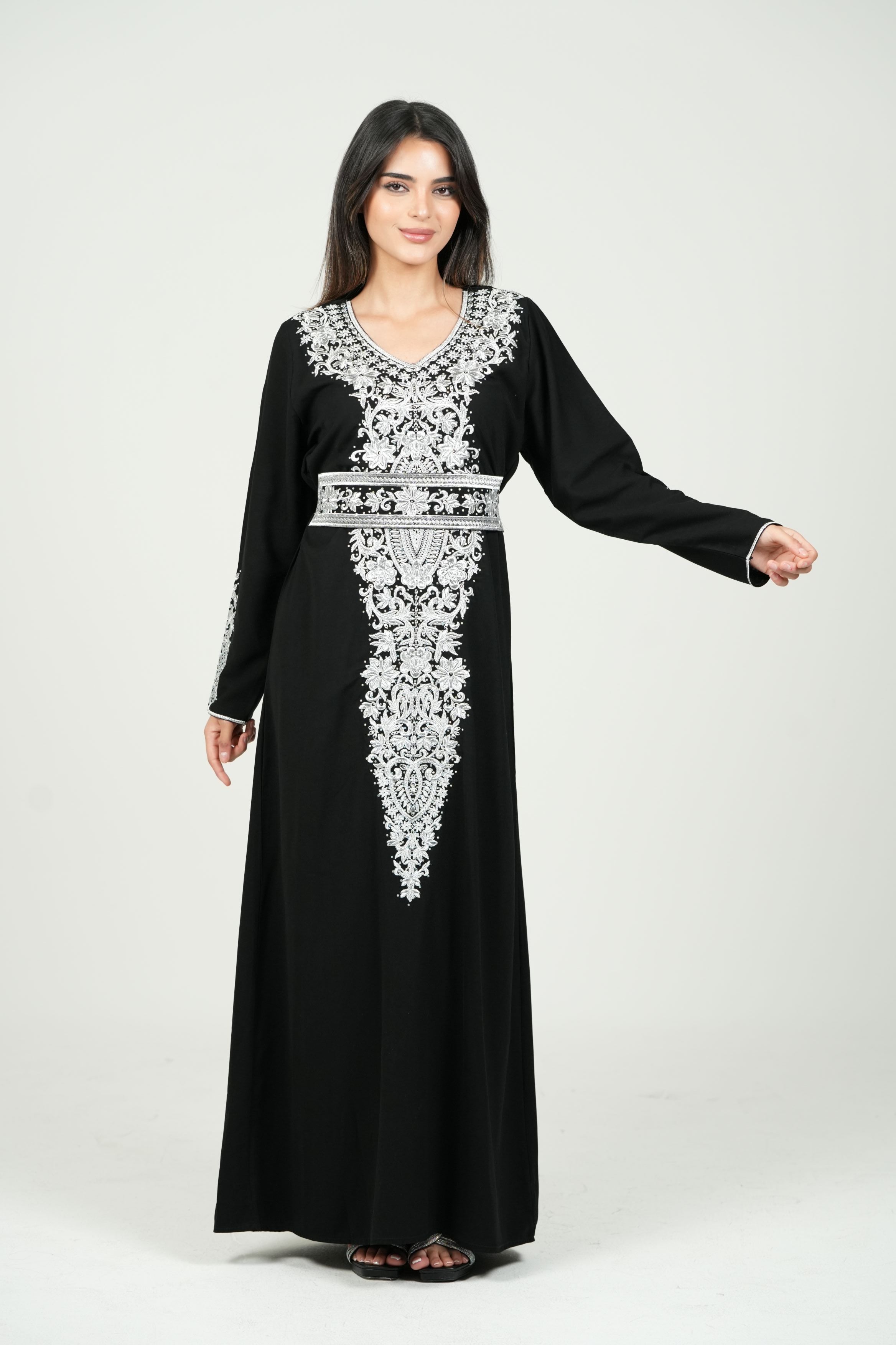 Palestinian Embroidered Jalabiya with Silver Details and Belt