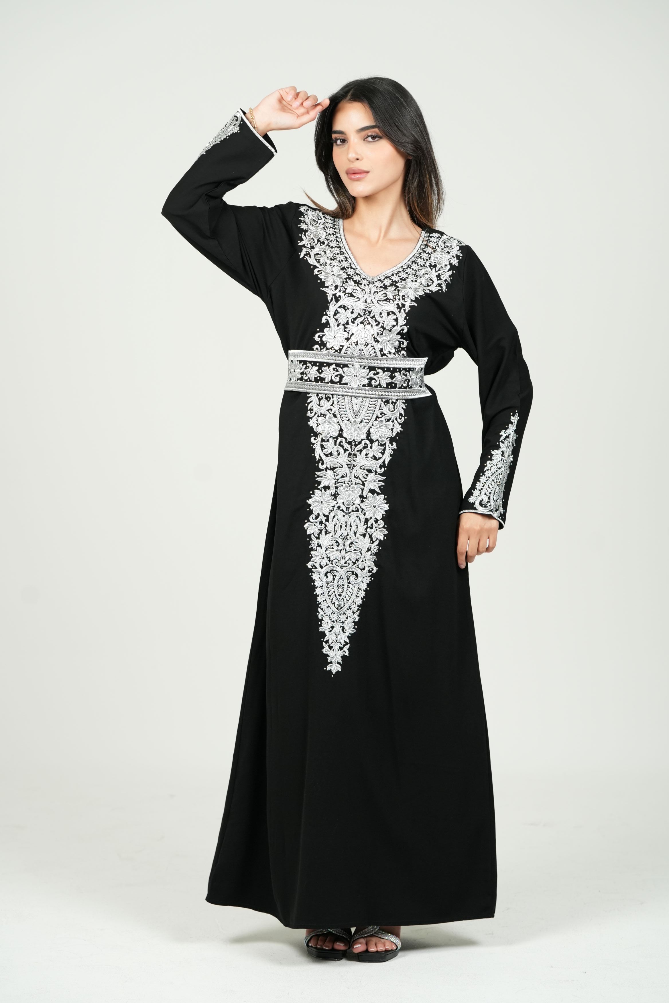 Palestinian Embroidered Jalabiya with Silver Details and Belt