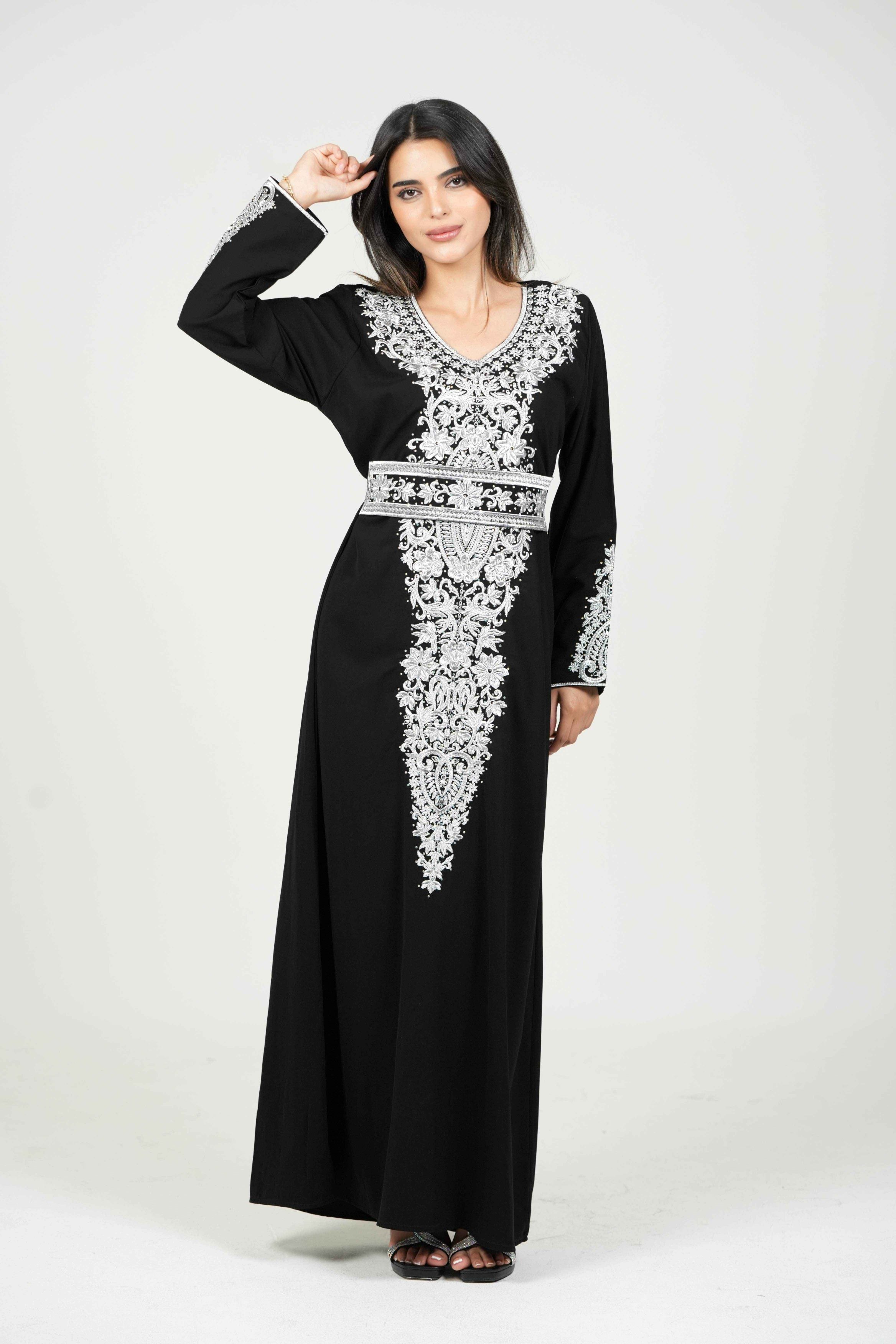 Palestinian Embroidered Jalabiya with Silver Details and Belt