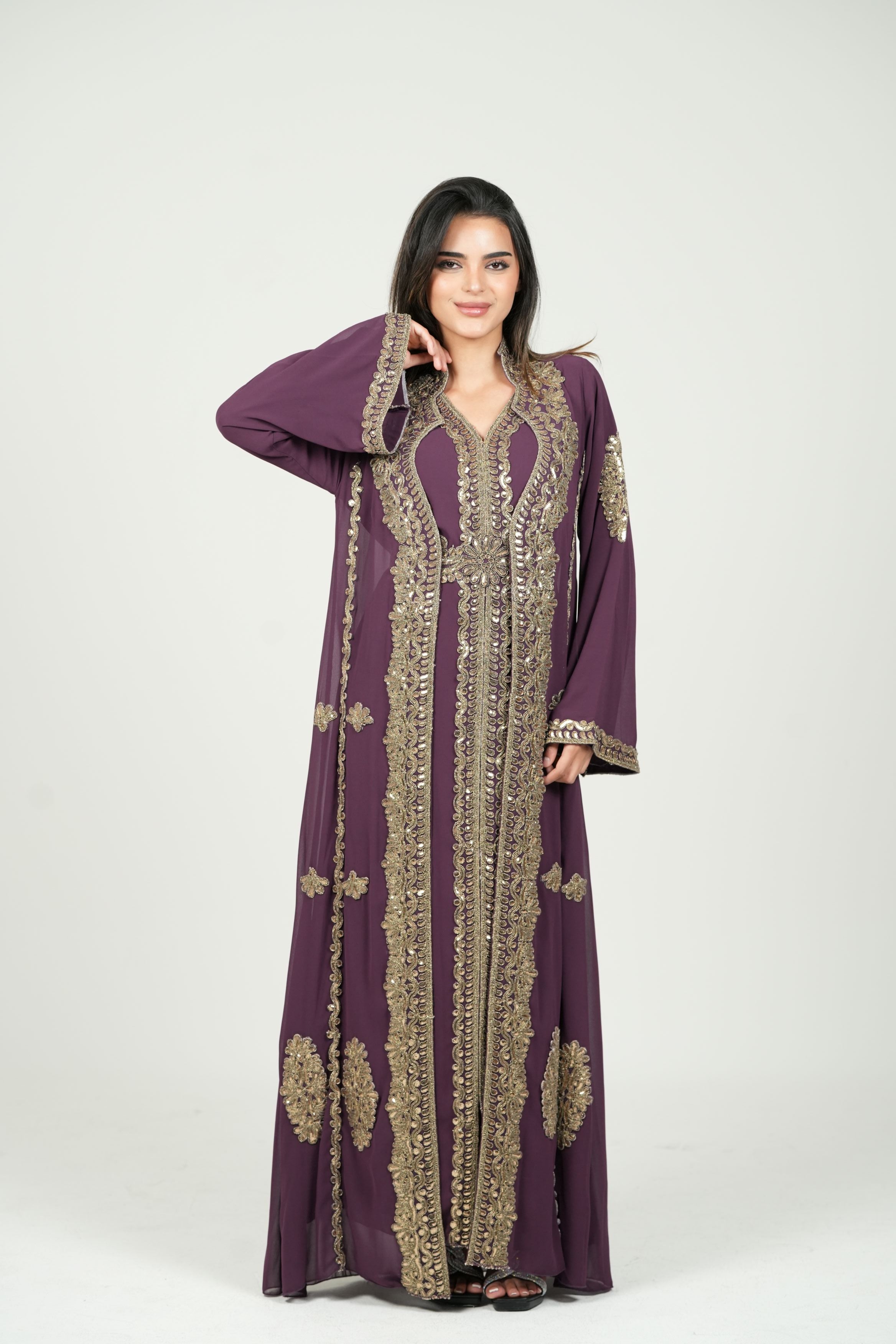 Embroidered Chiffon Kaftan – Belted