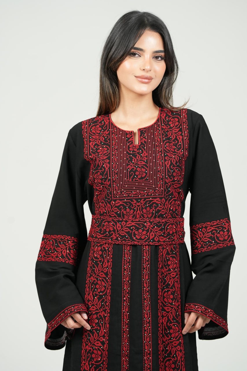 Palestinian Embroidered Black Jalabiya with Strass