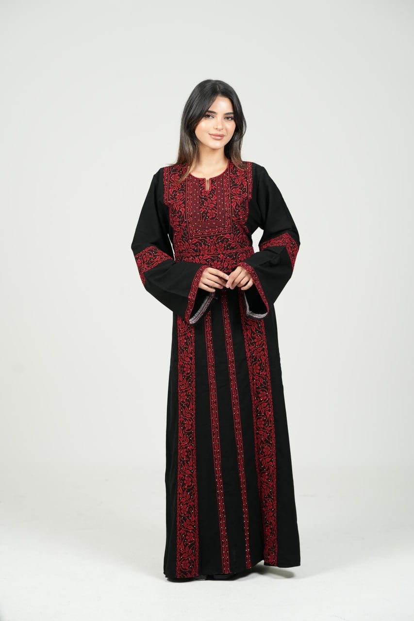 Palestinian Embroidered Black Jalabiya with Strass