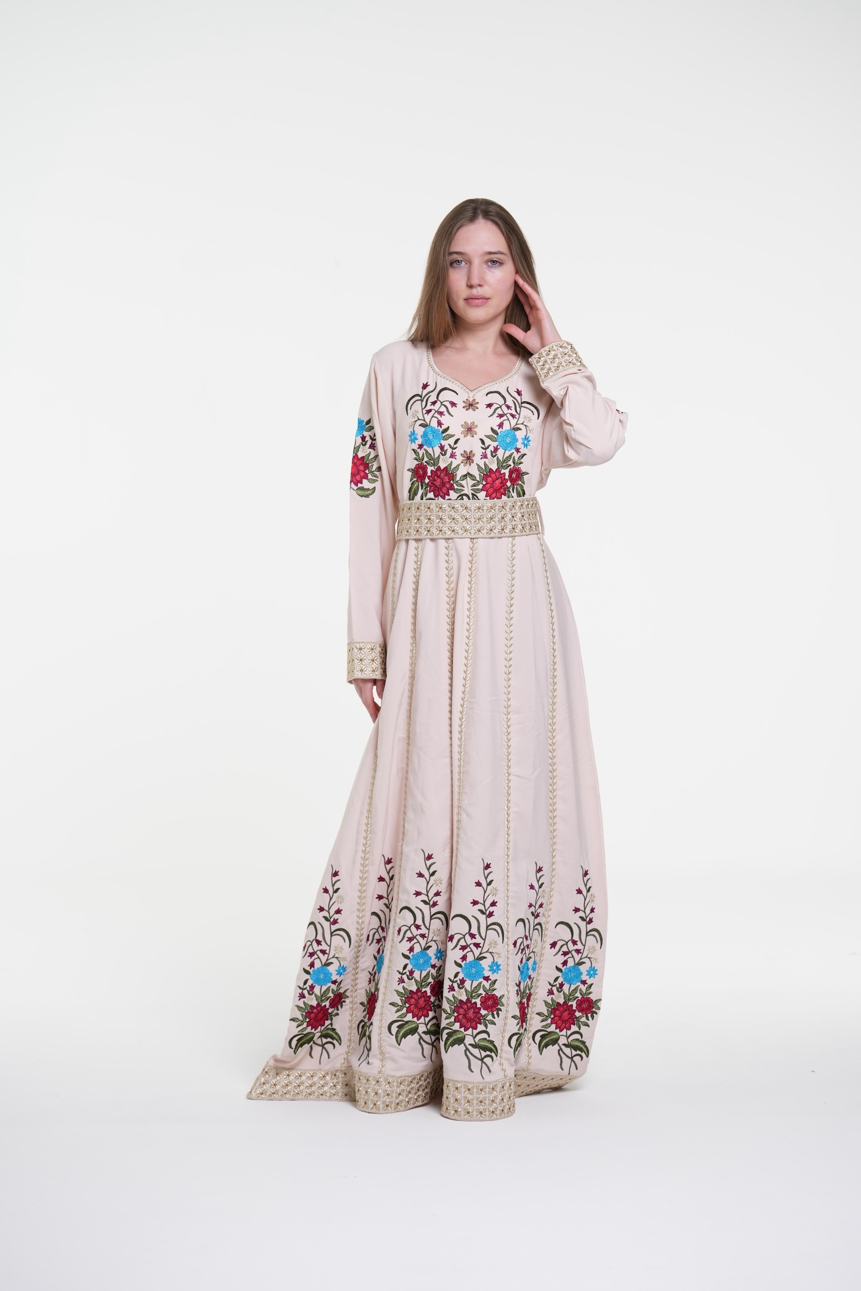 Embroidered Cotton Crepe Jalabiya – Belted