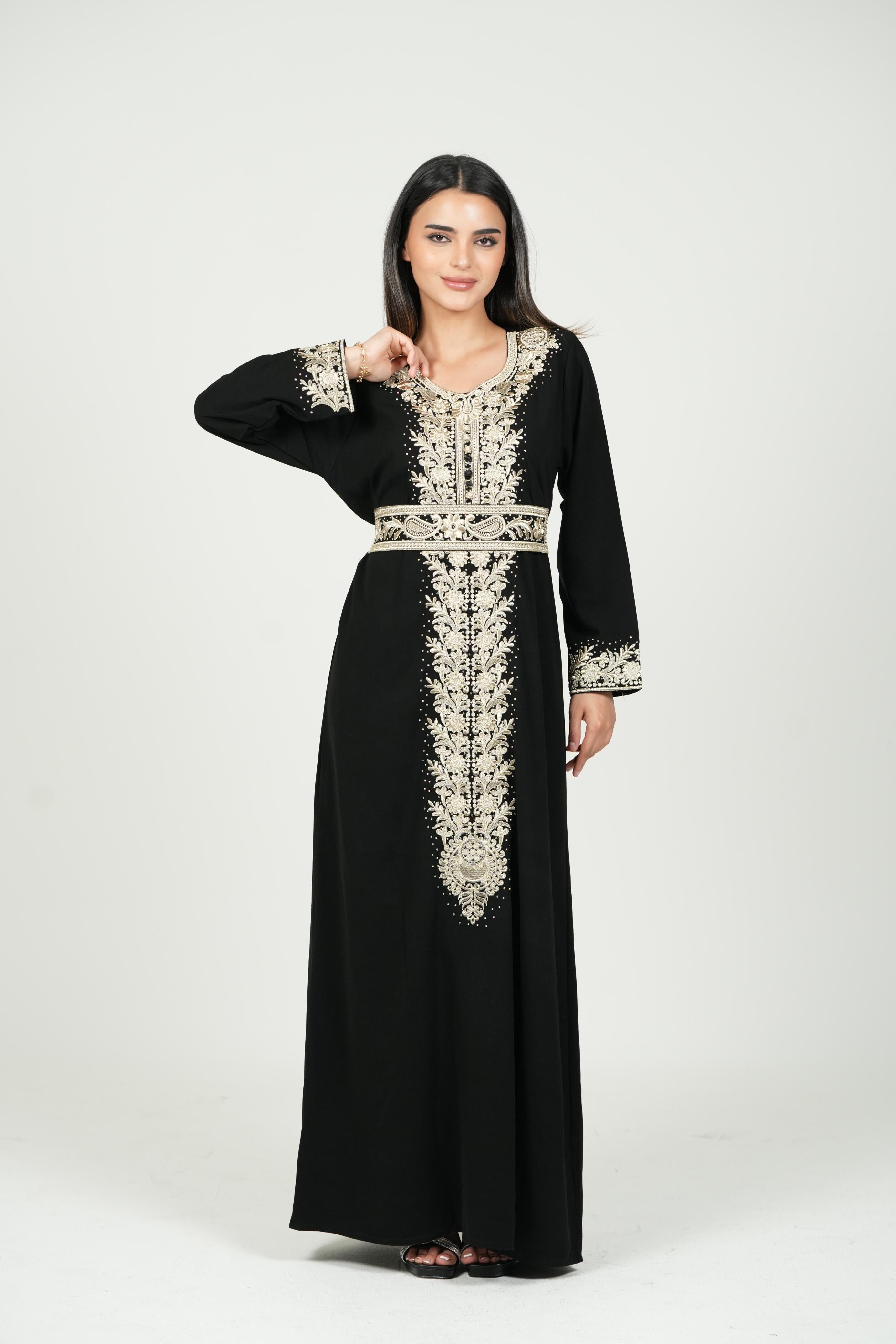 Black Palestinian Embroidered Jalabiya with Golden Belt