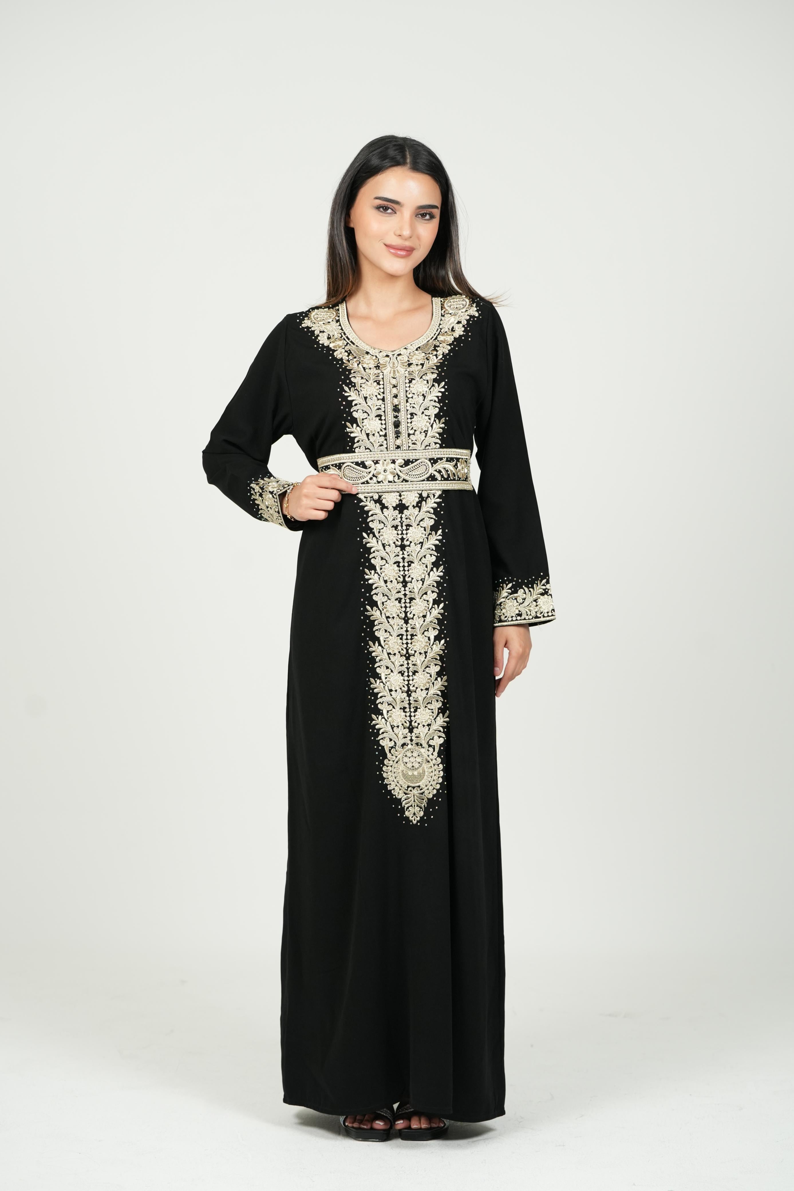 Black Palestinian Embroidered Jalabiya with Golden Belt