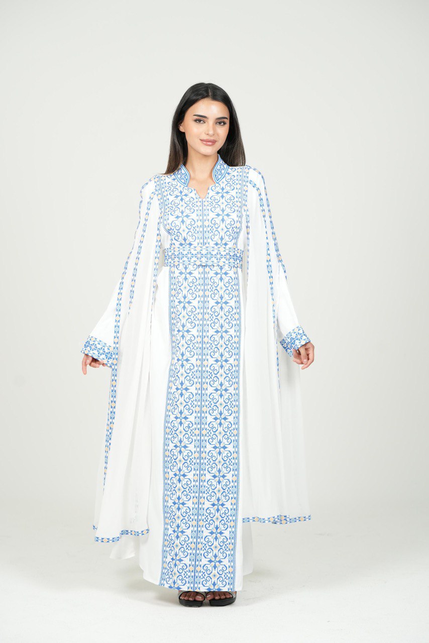 Palestinian Embroidered Chiffon Kaftan with Belt