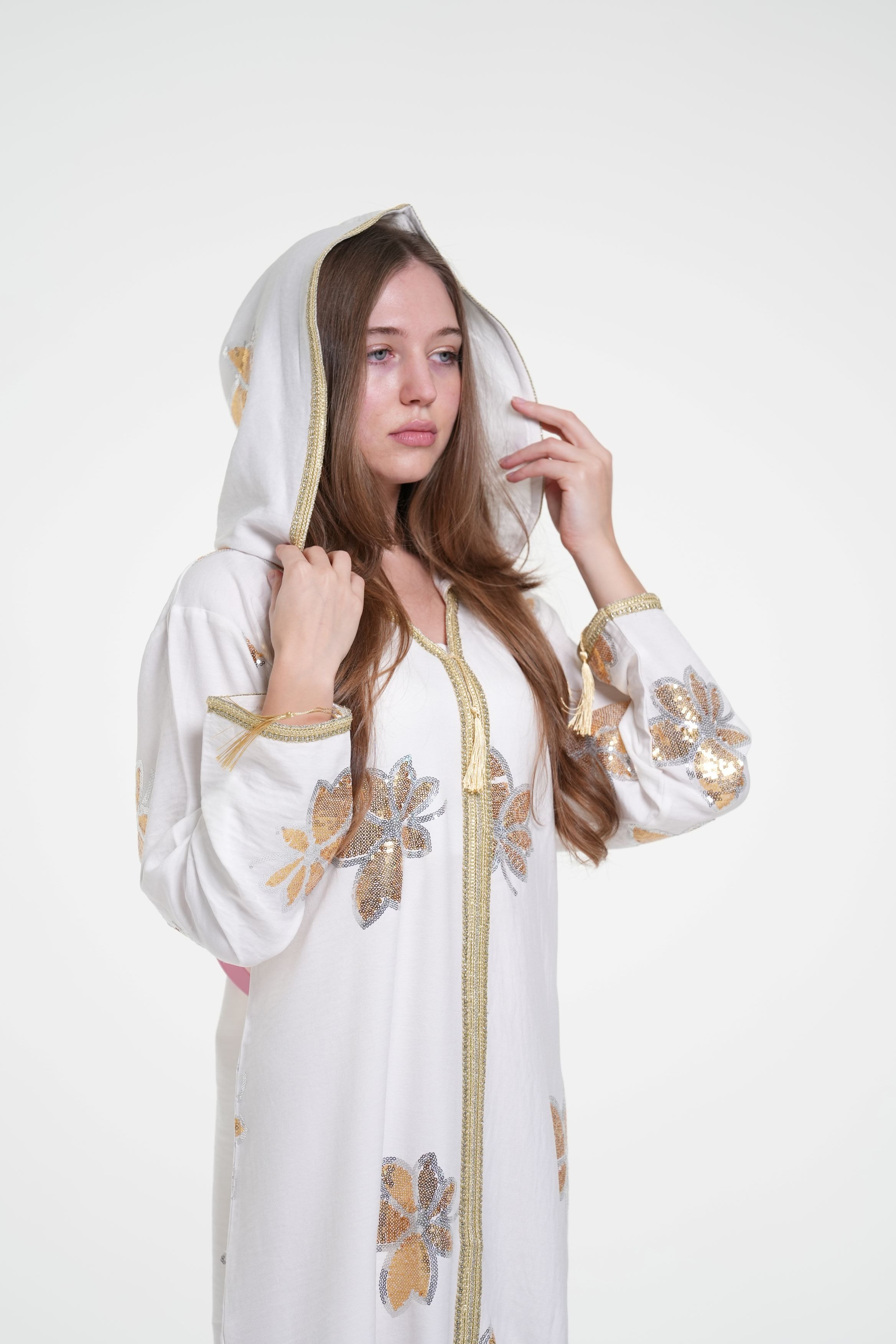Embroidered Hooded Jalabiya with Gold Accents