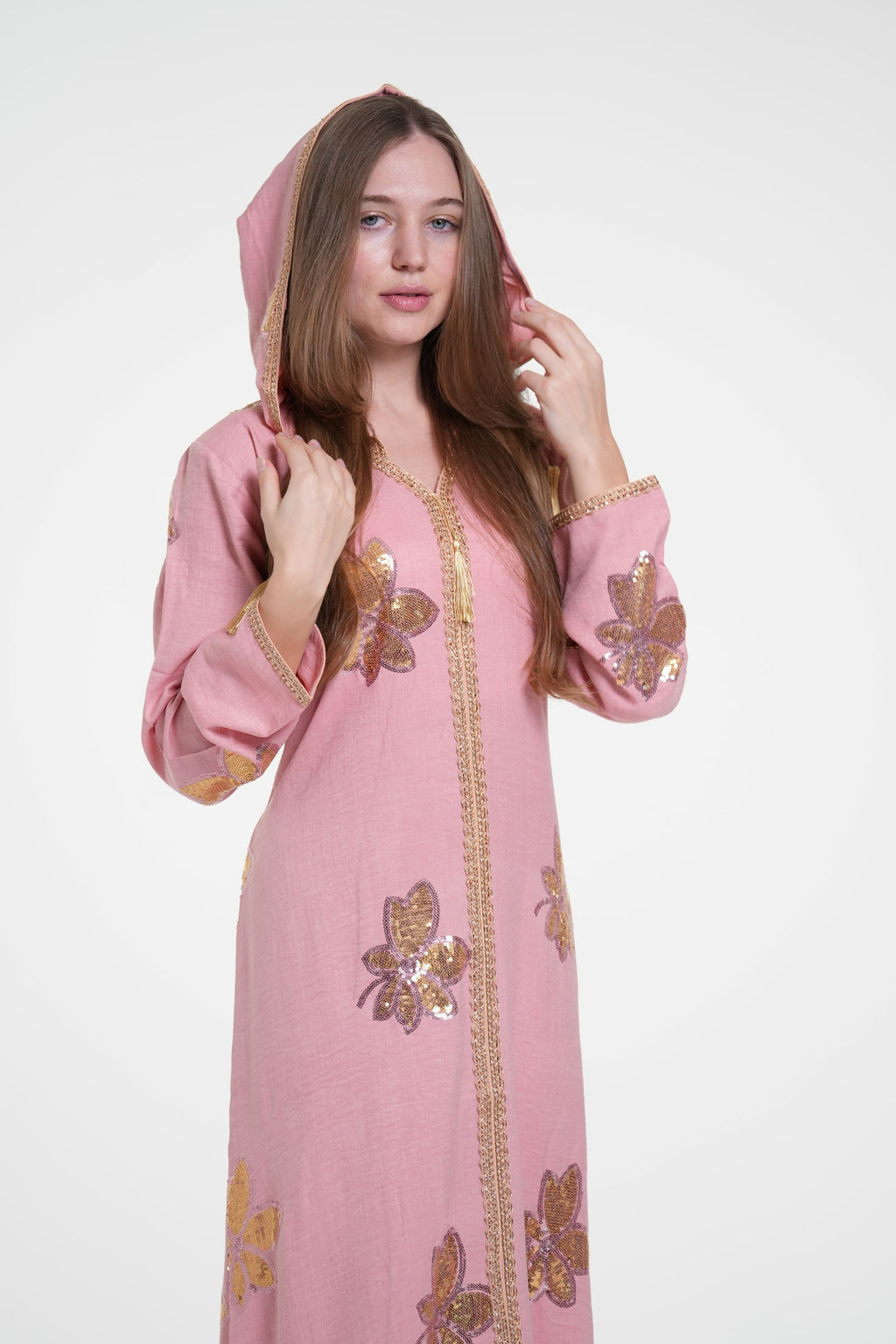 Embroidered Hooded Jalabiya with Gold Accents