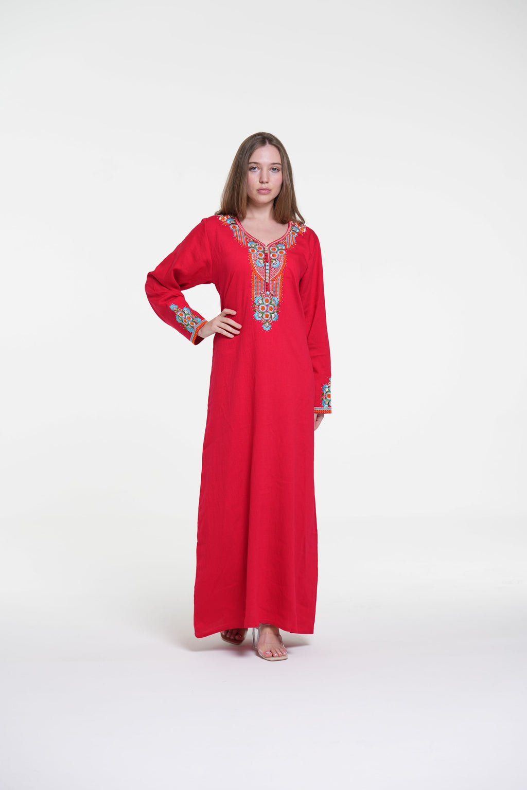 Embroidered Cotton Linen Jalabiya with Strass Detail