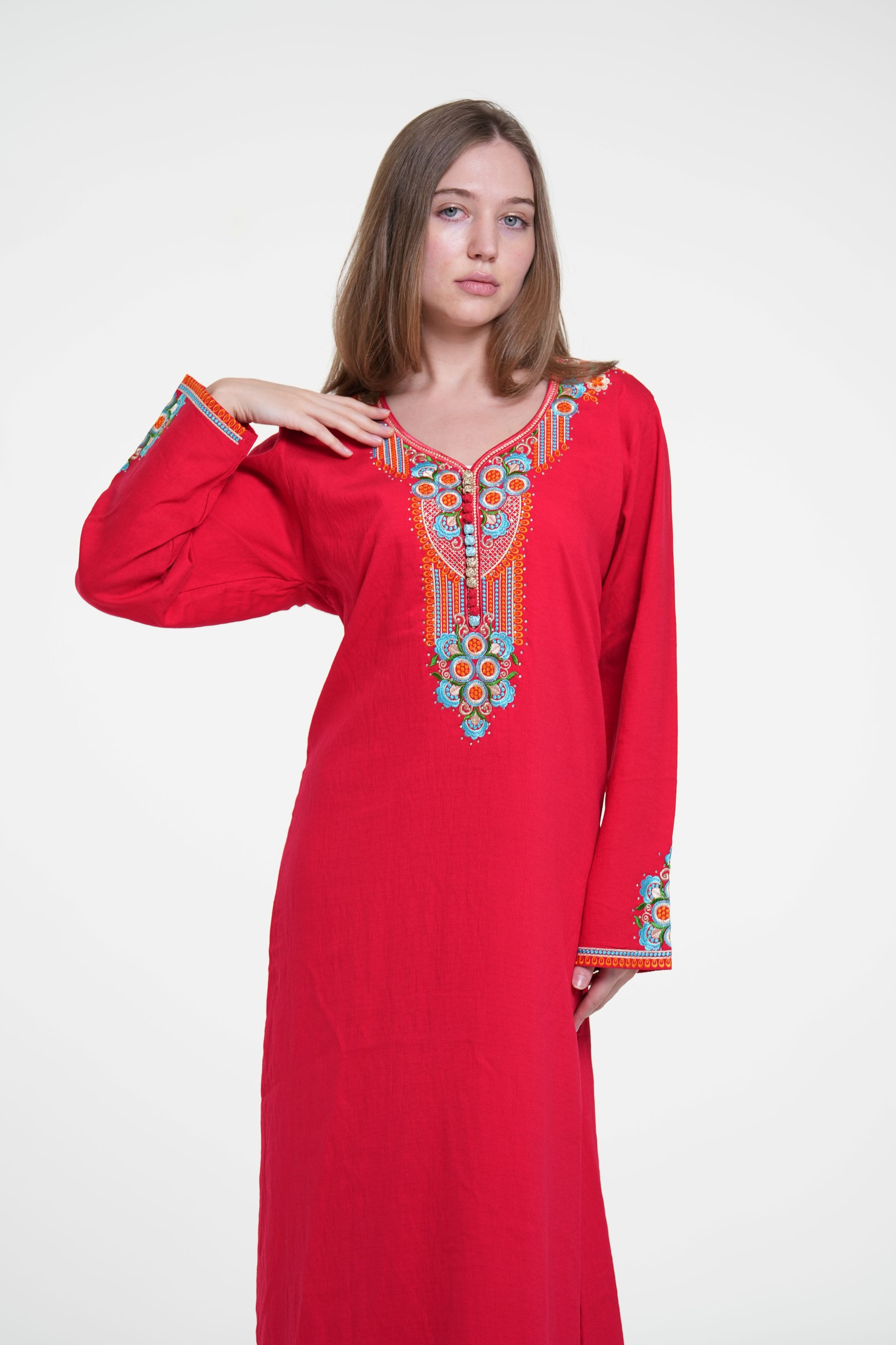 Embroidered Cotton Linen Jalabiya with Strass Detail