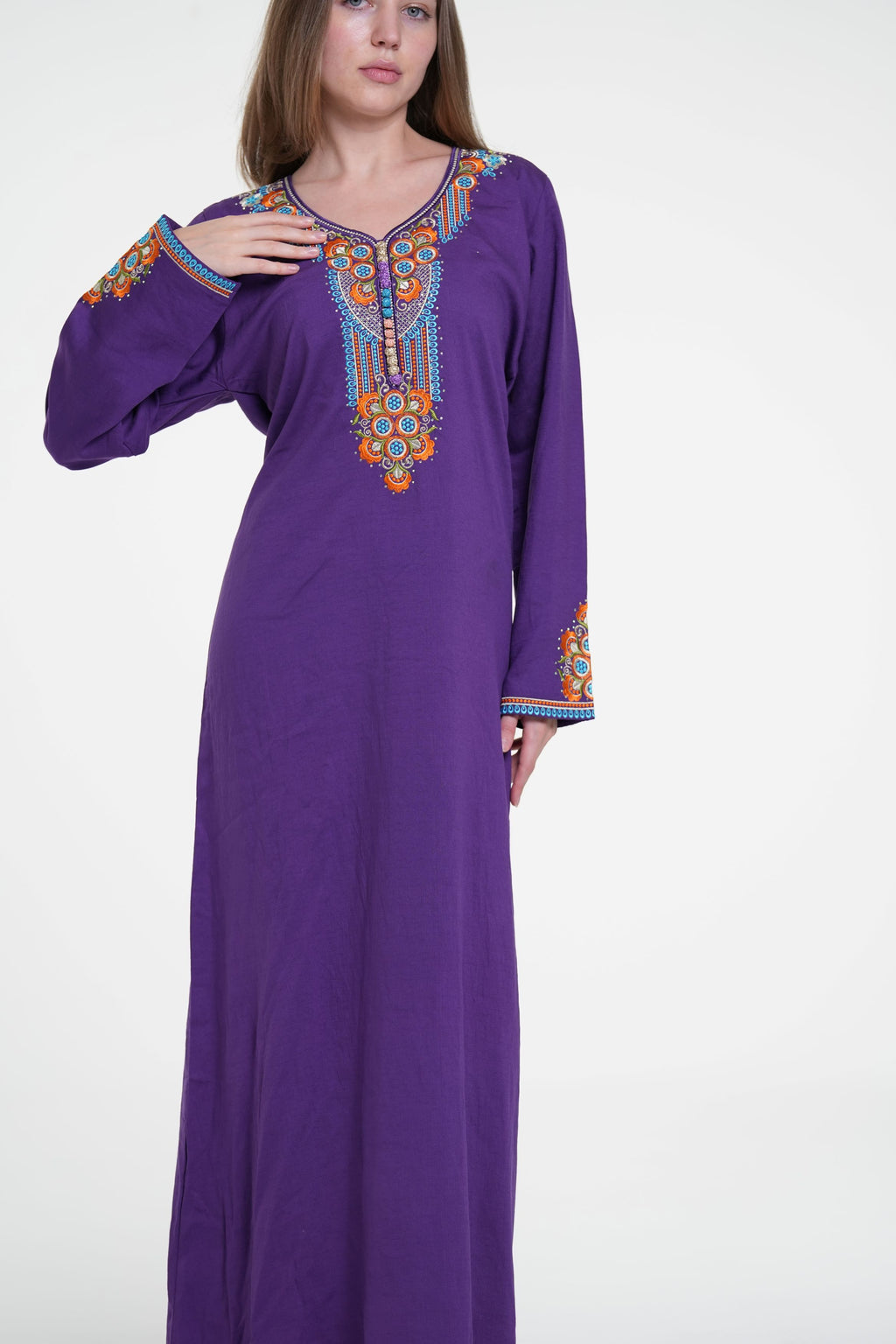 Embroidered Cotton Linen Jalabiya with Strass Detail