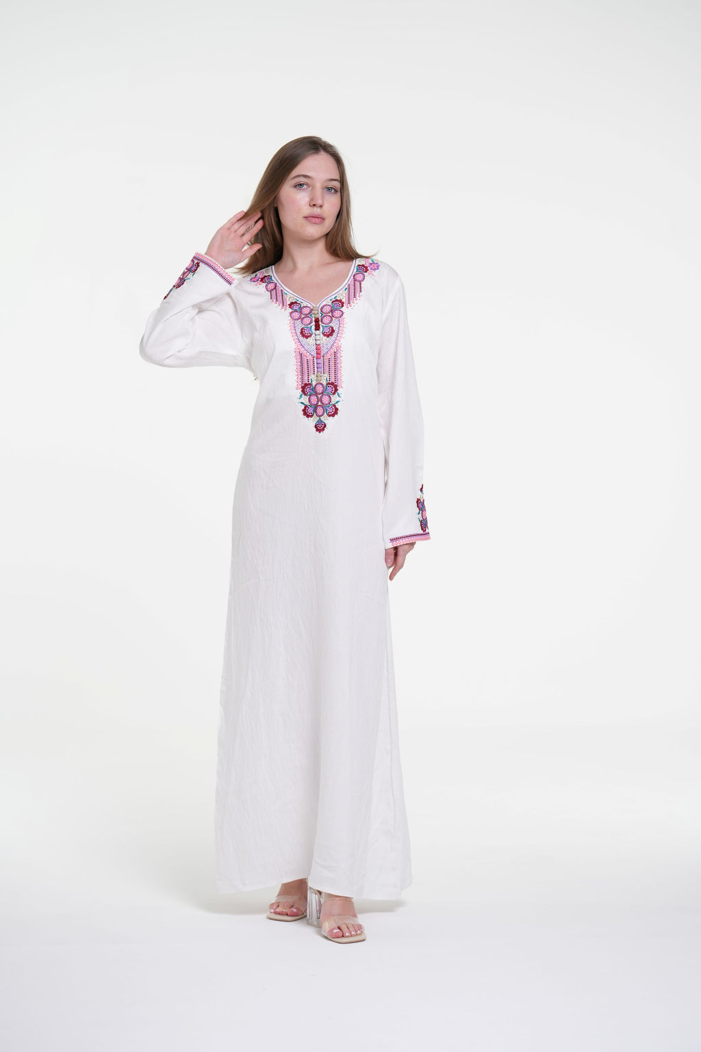 Embroidered Cotton Linen Jalabiya with Strass Detail