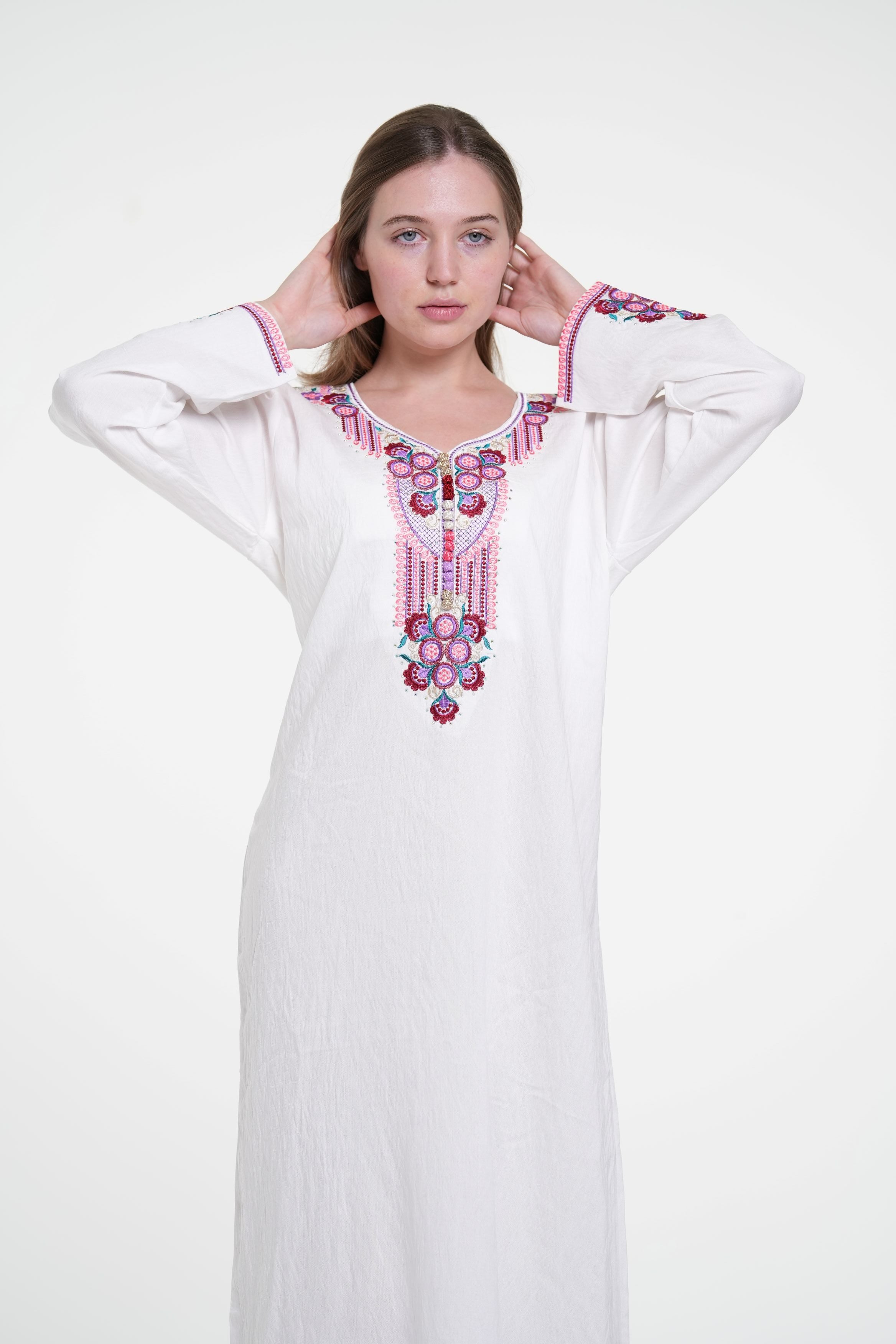 Embroidered Cotton Linen Jalabiya with Strass Detail