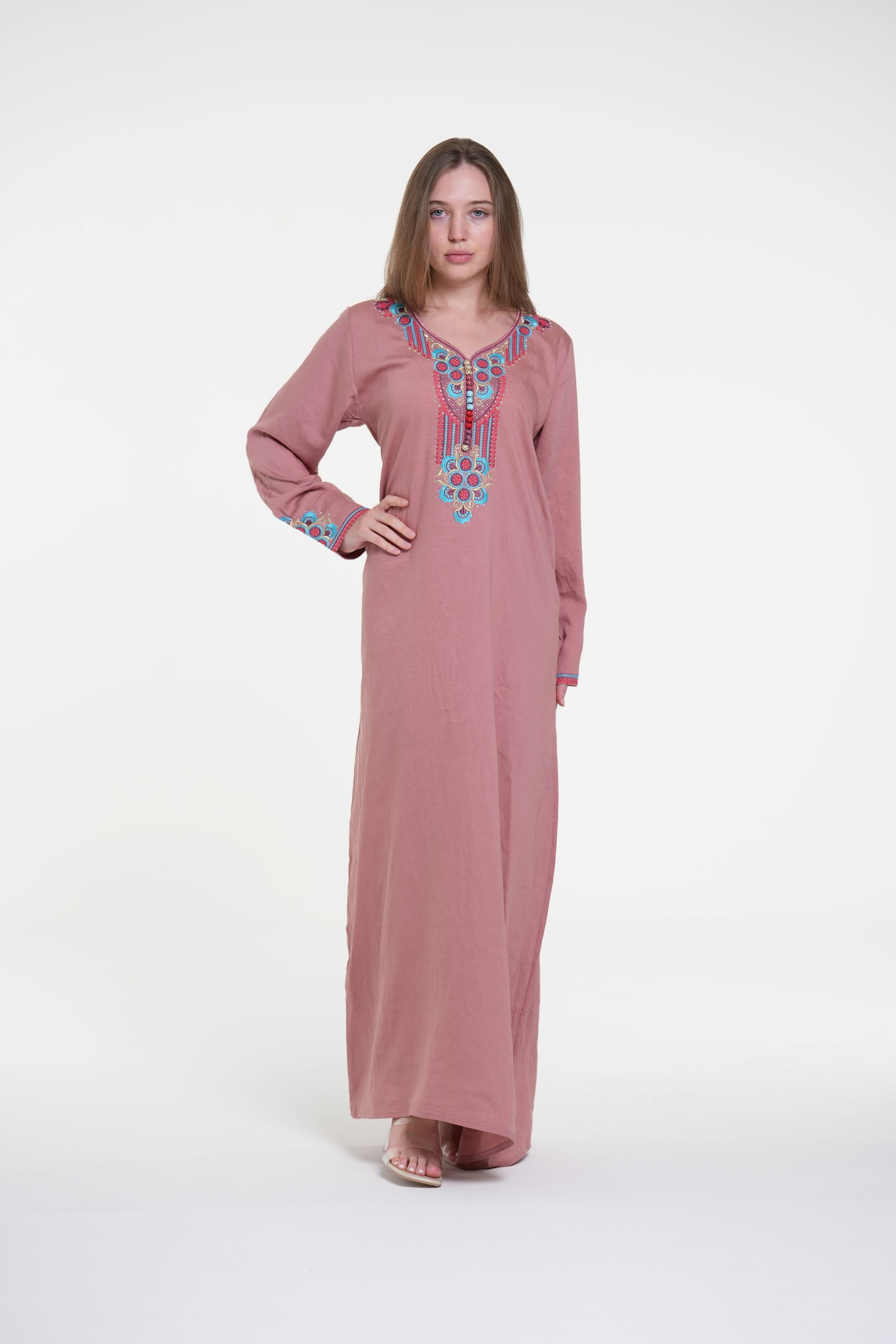 Embroidered Cotton Linen Jalabiya with Strass Detail