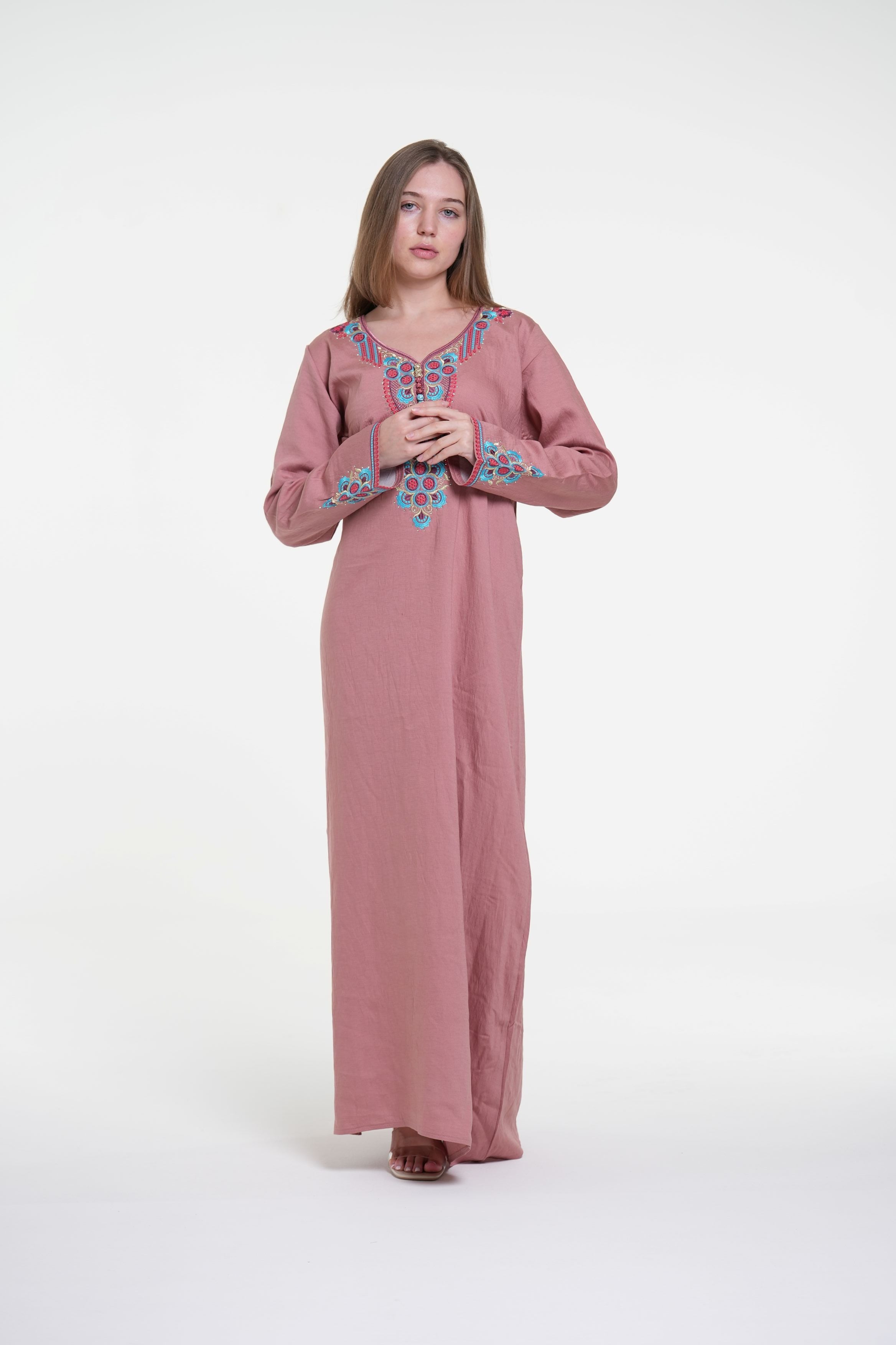 Embroidered Cotton Linen Jalabiya with Strass Detail
