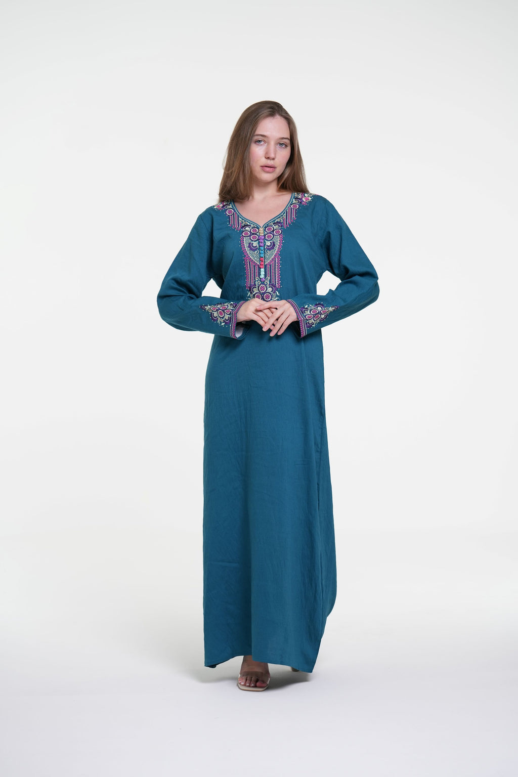 Embroidered Cotton Linen Jalabiya with Strass Detail