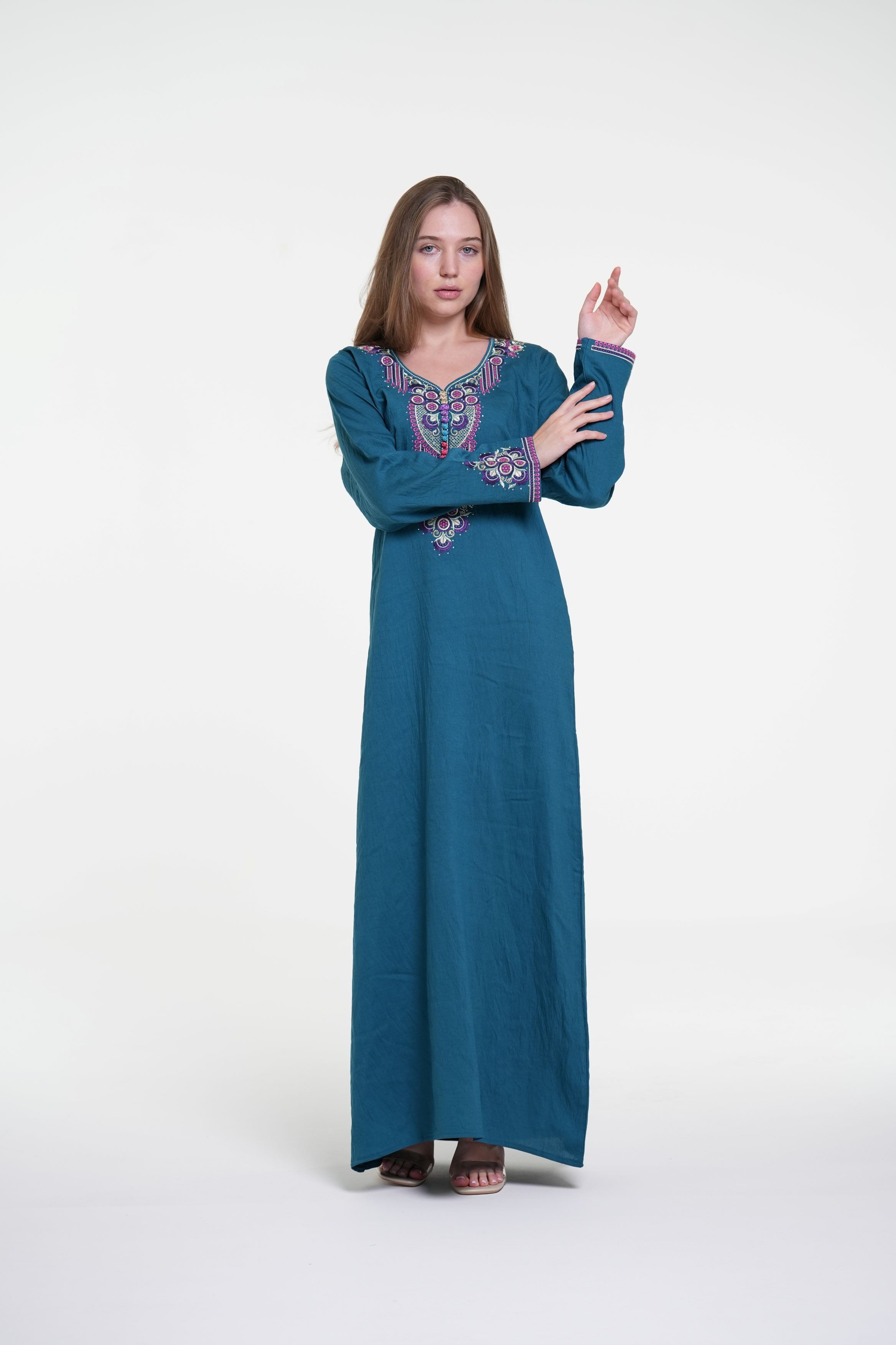 Embroidered Cotton Linen Jalabiya with Strass Detail