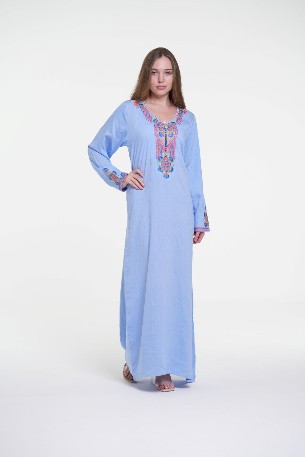 Embroidered Cotton Linen Jalabiya with Strass Detail