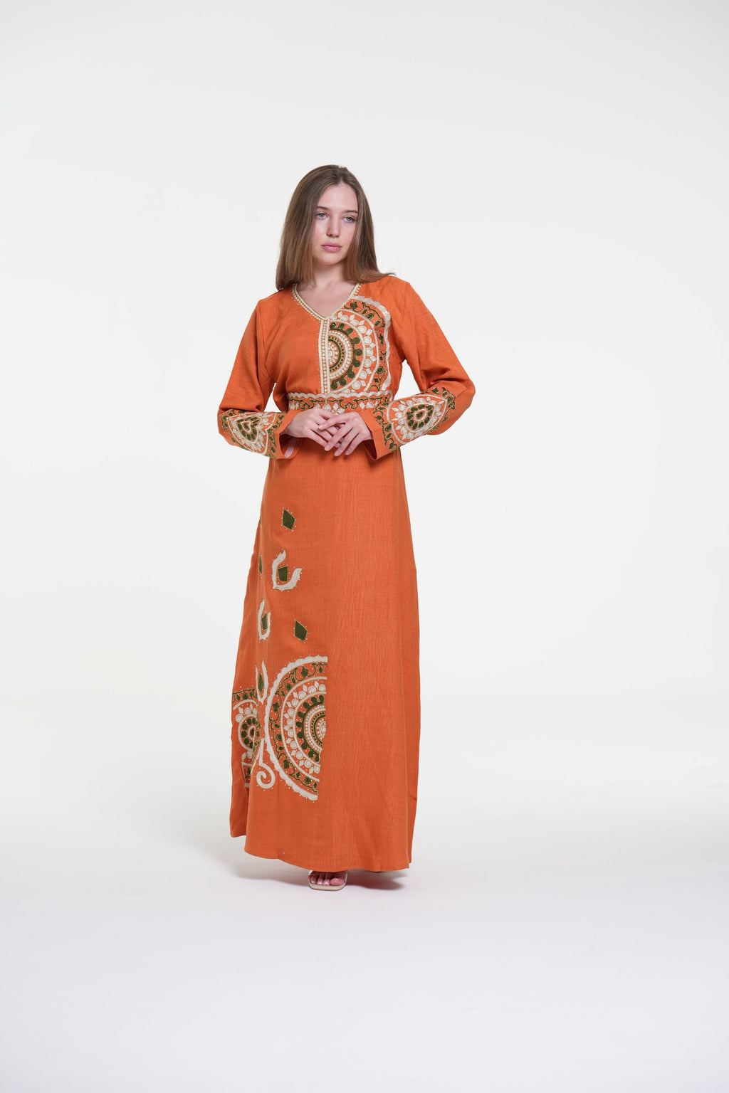 Embroidered Cotton Linen Jalabiya with Belt and Strass