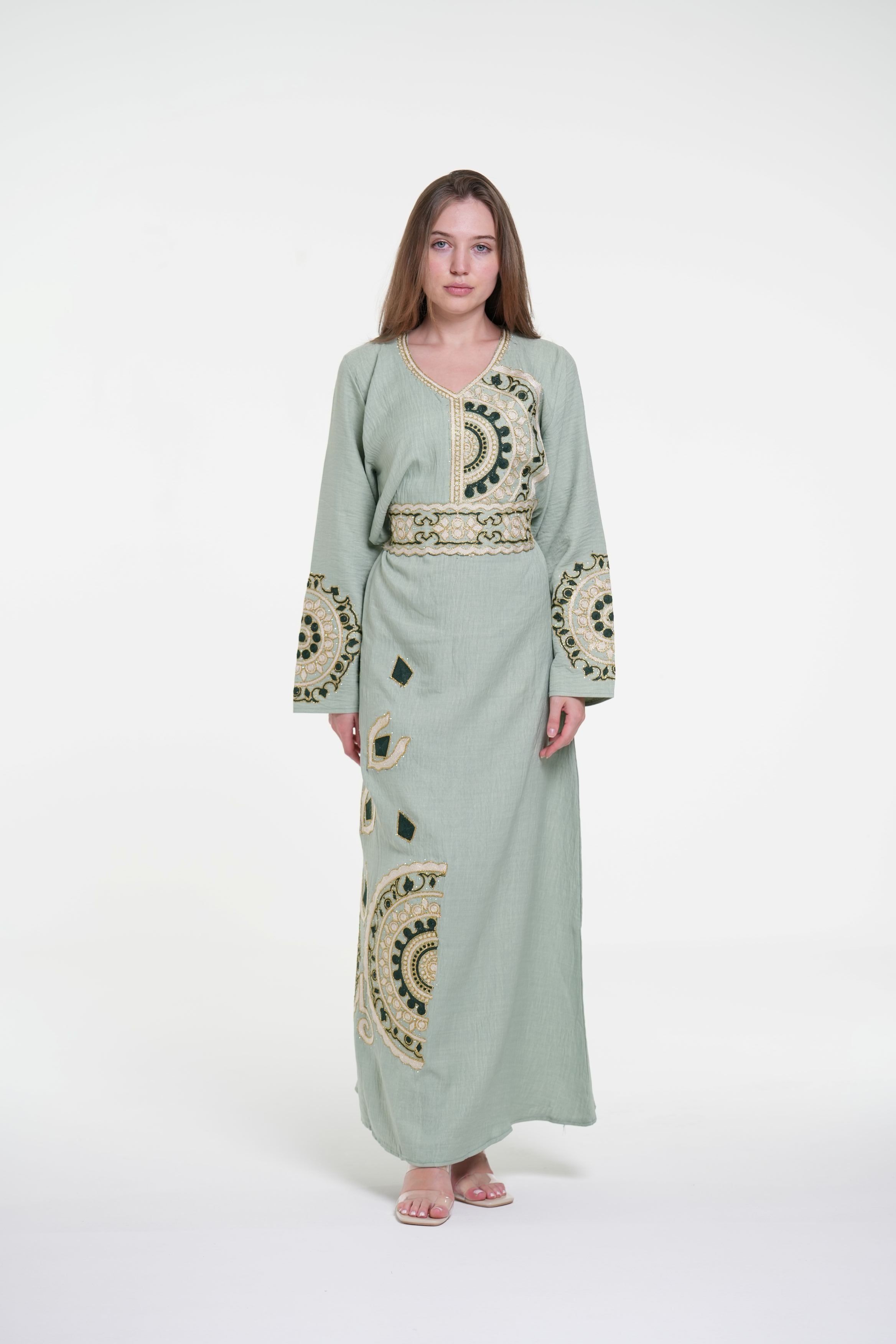 Embroidered Cotton Linen Jalabiya with Belt and Strass
