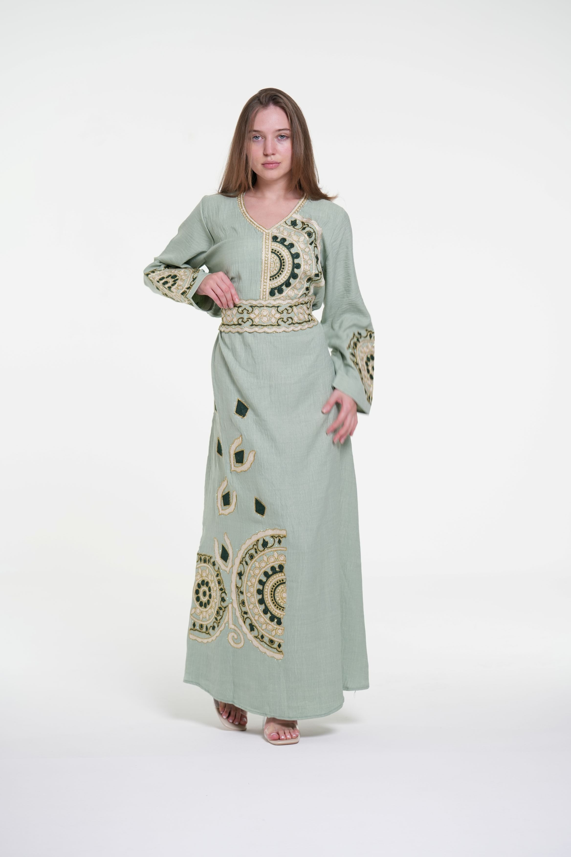 Embroidered Cotton Linen Jalabiya with Belt and Strass