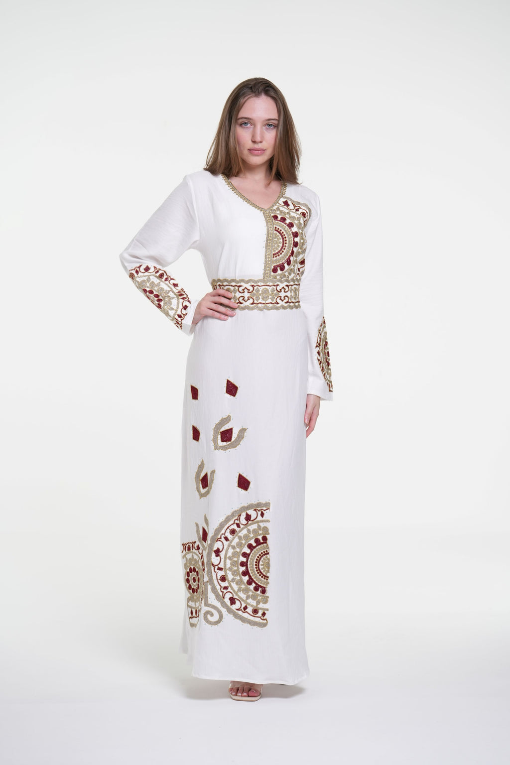Embroidered Cotton Linen Jalabiya with Belt and Strass