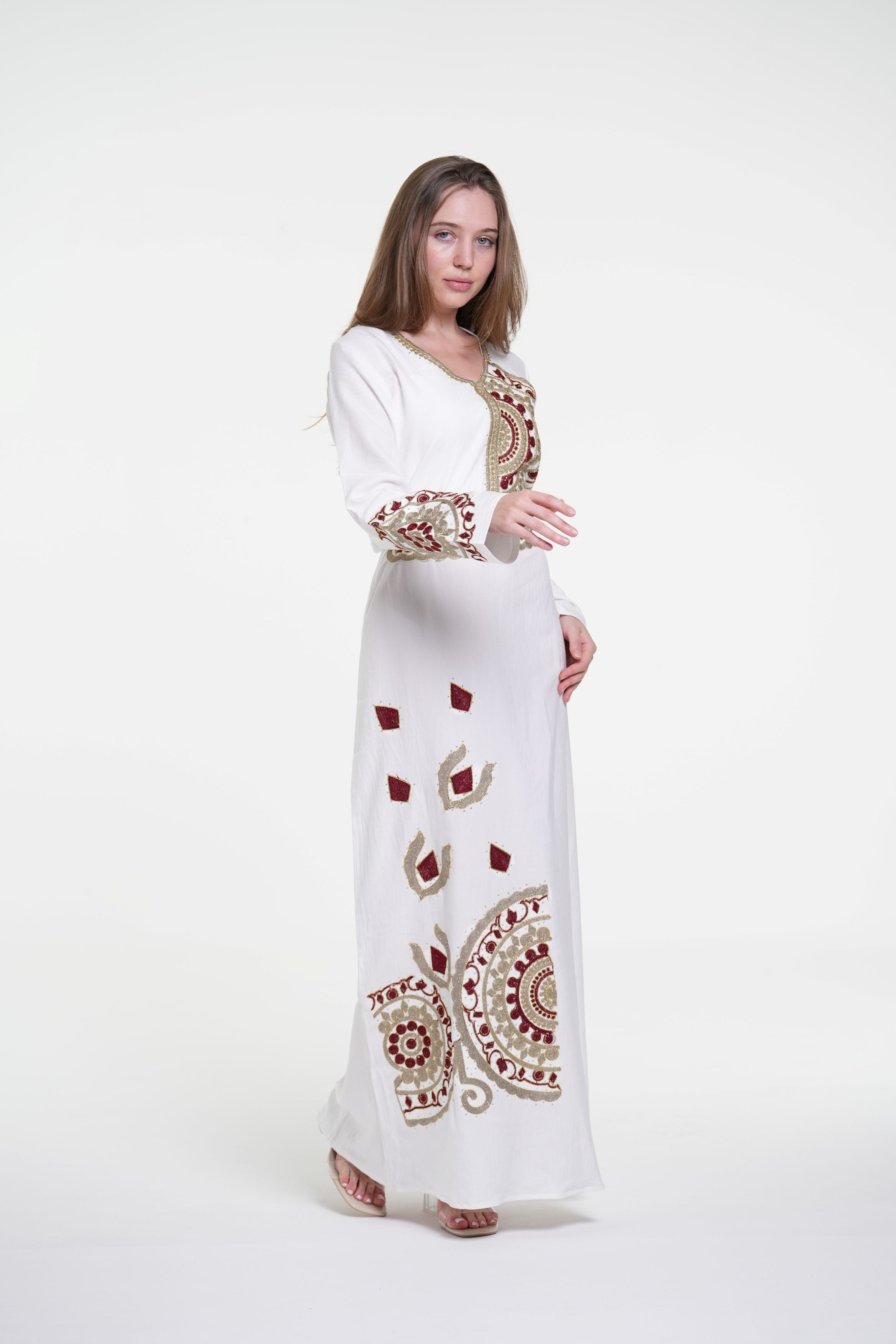 Embroidered Cotton Linen Jalabiya with Belt and Strass