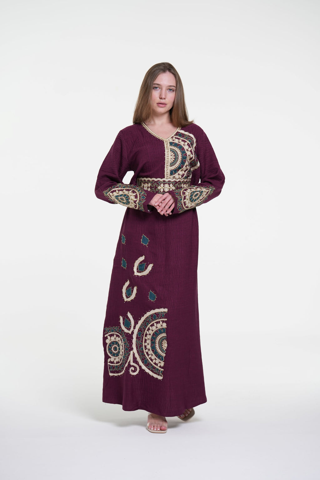 Embroidered Cotton Linen Jalabiya with Belt and Strass