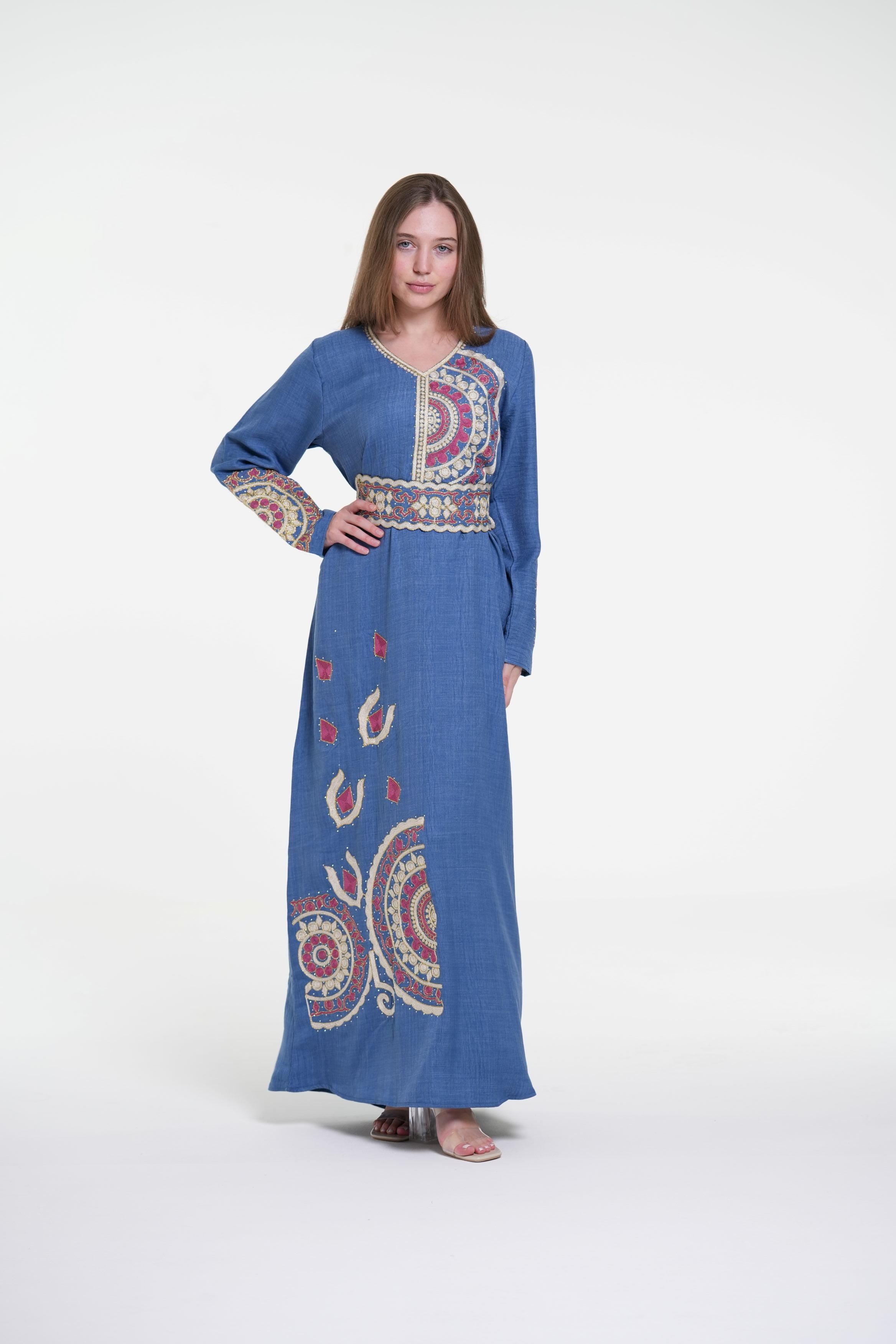 Embroidered Cotton Linen Jalabiya with Belt and Strass