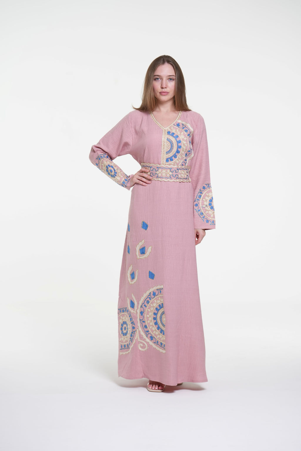 Embroidered Cotton Linen Jalabiya with Belt and Strass