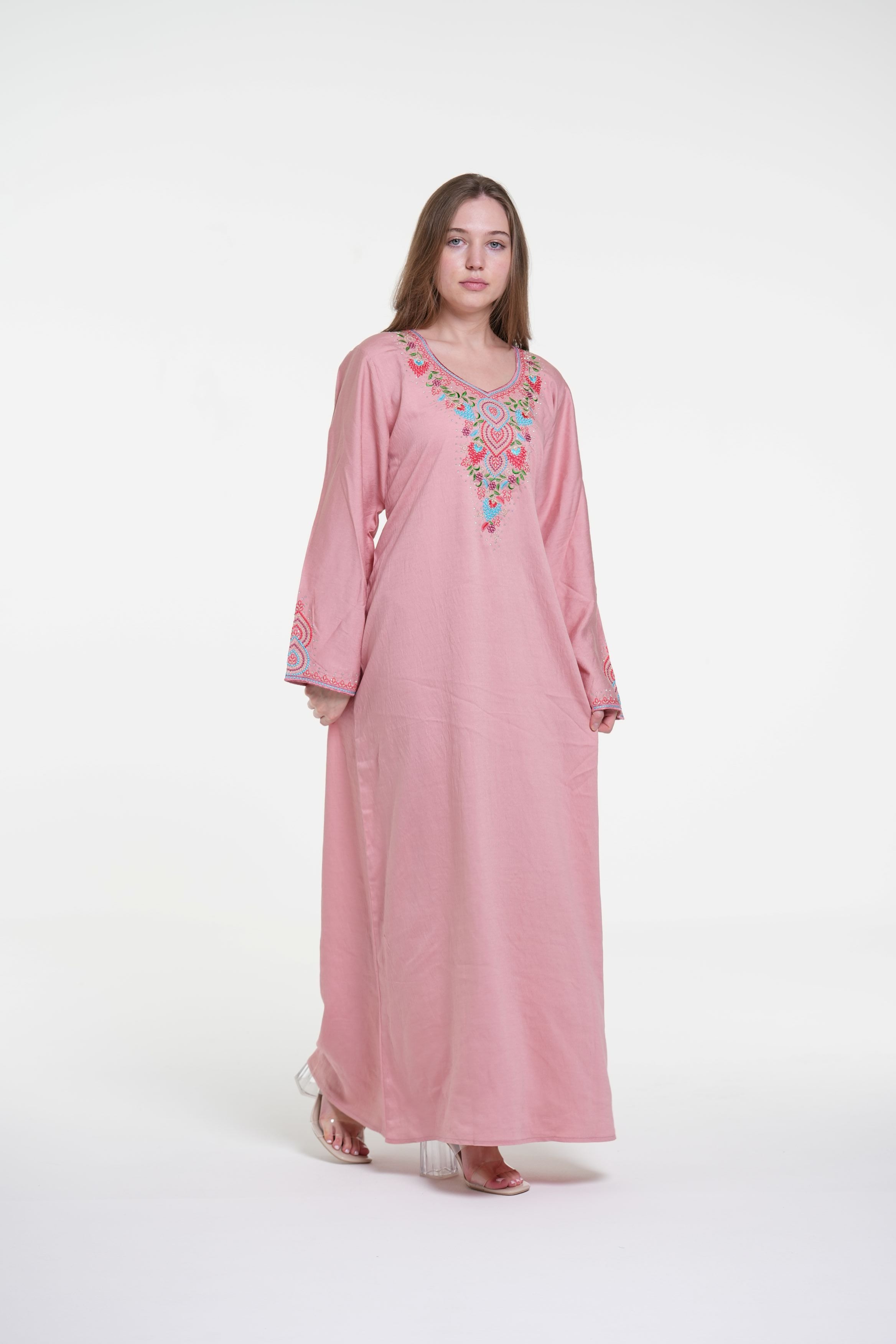 Embroidered Cotton Linen Jalabiya with Strass Detail