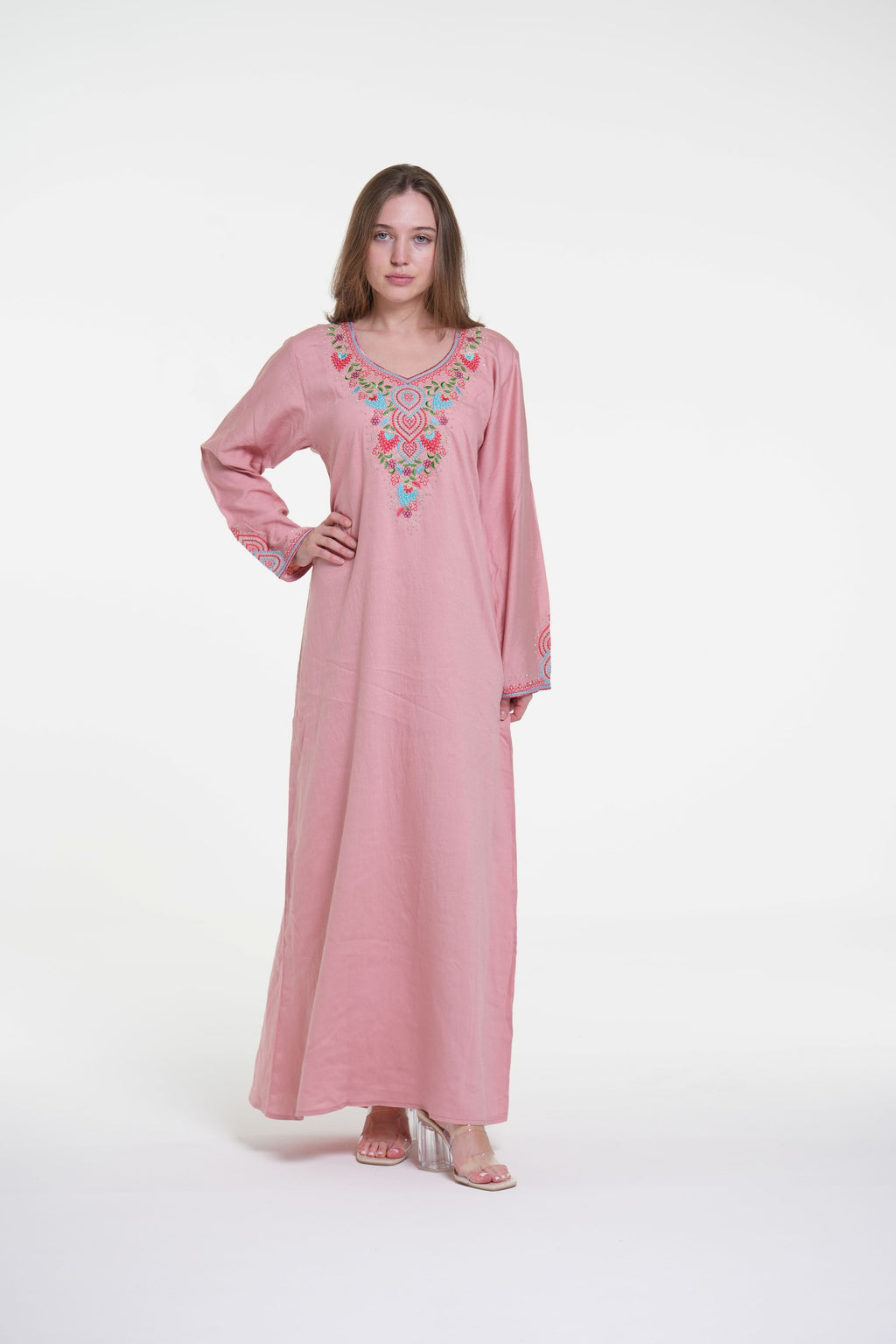 Embroidered Cotton Linen Jalabiya with Strass Detail