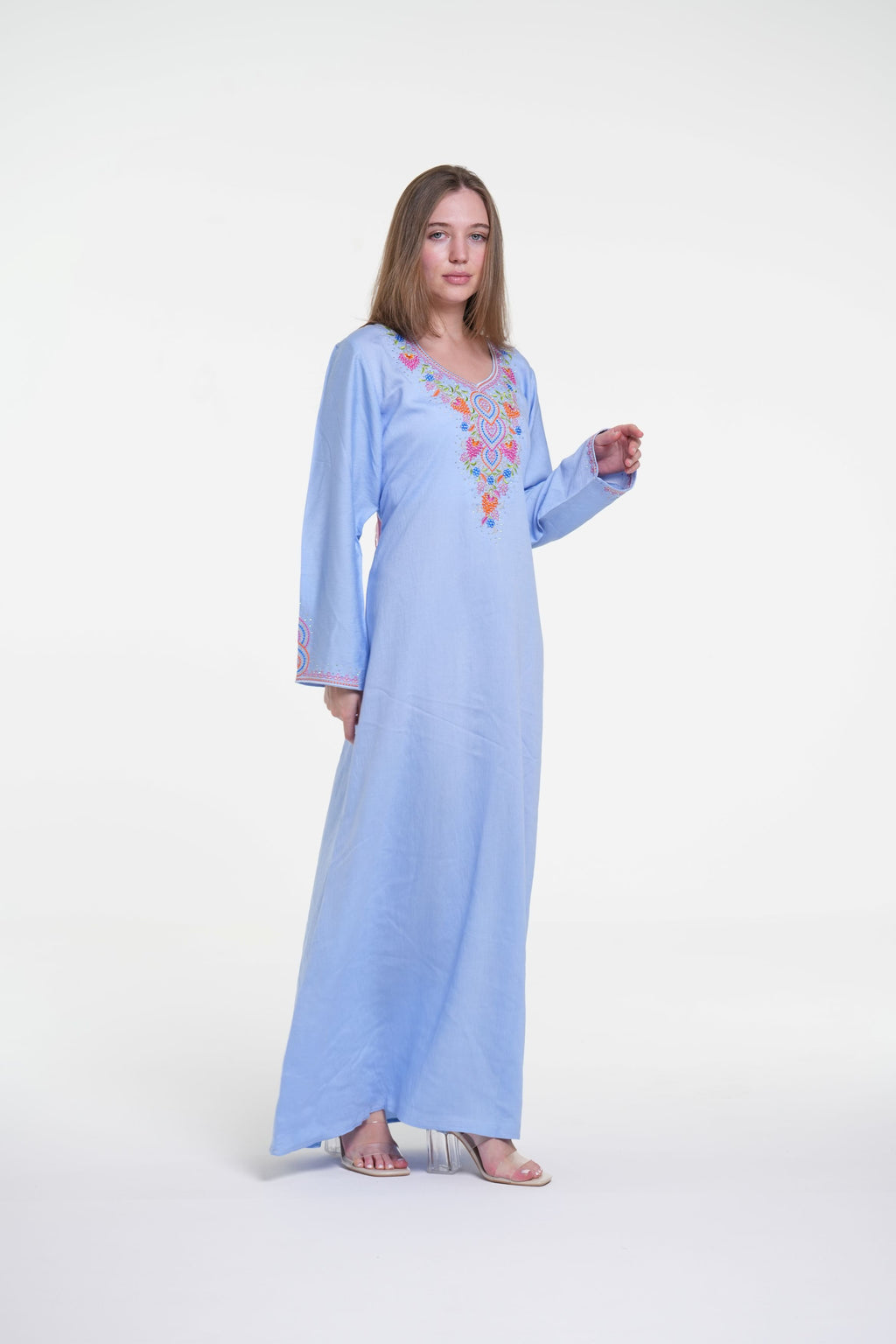 Embroidered Cotton Linen Jalabiya with Strass Detail