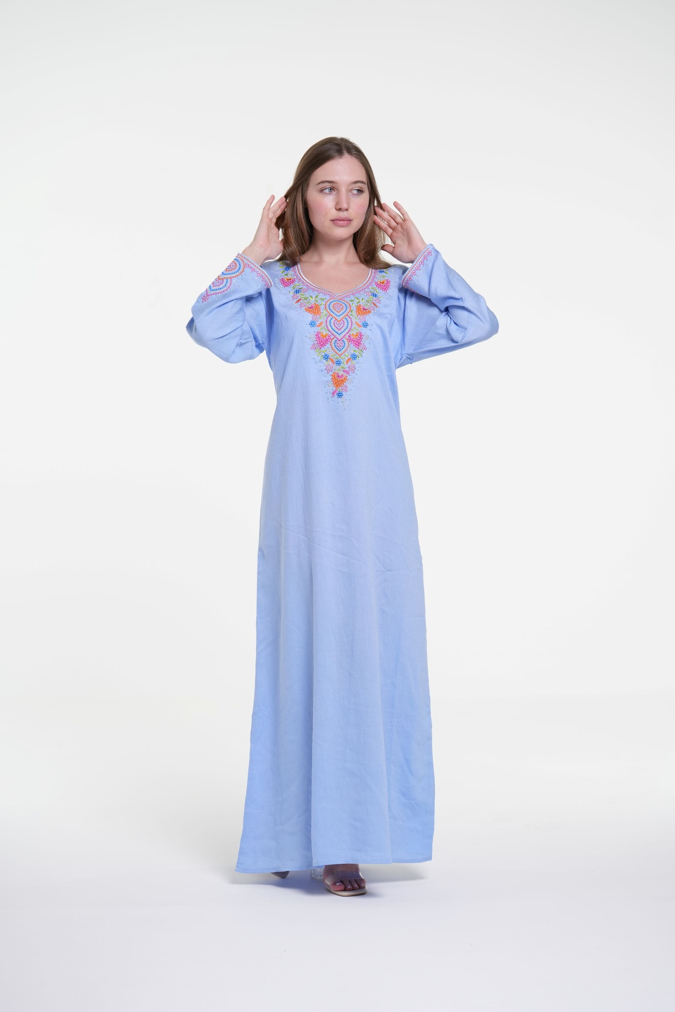 Embroidered Cotton Linen Jalabiya with Strass Detail