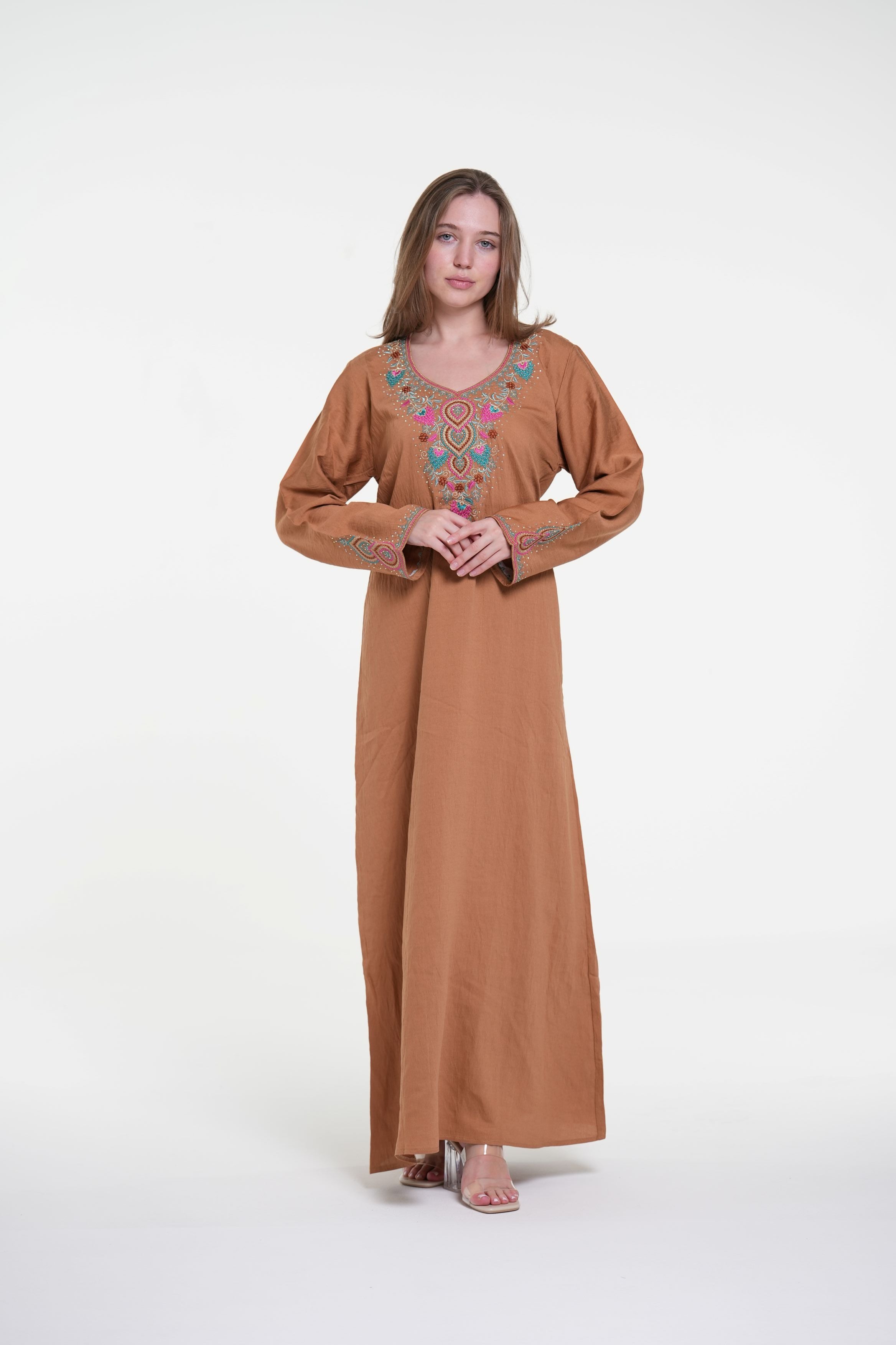 Embroidered Cotton Linen Jalabiya with Strass Detail