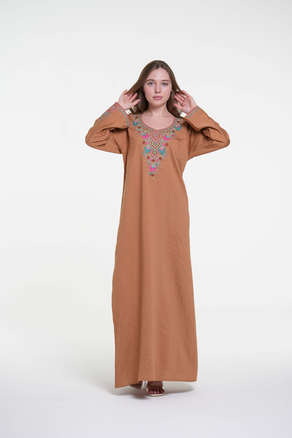 Embroidered Cotton Linen Jalabiya with Strass Detail