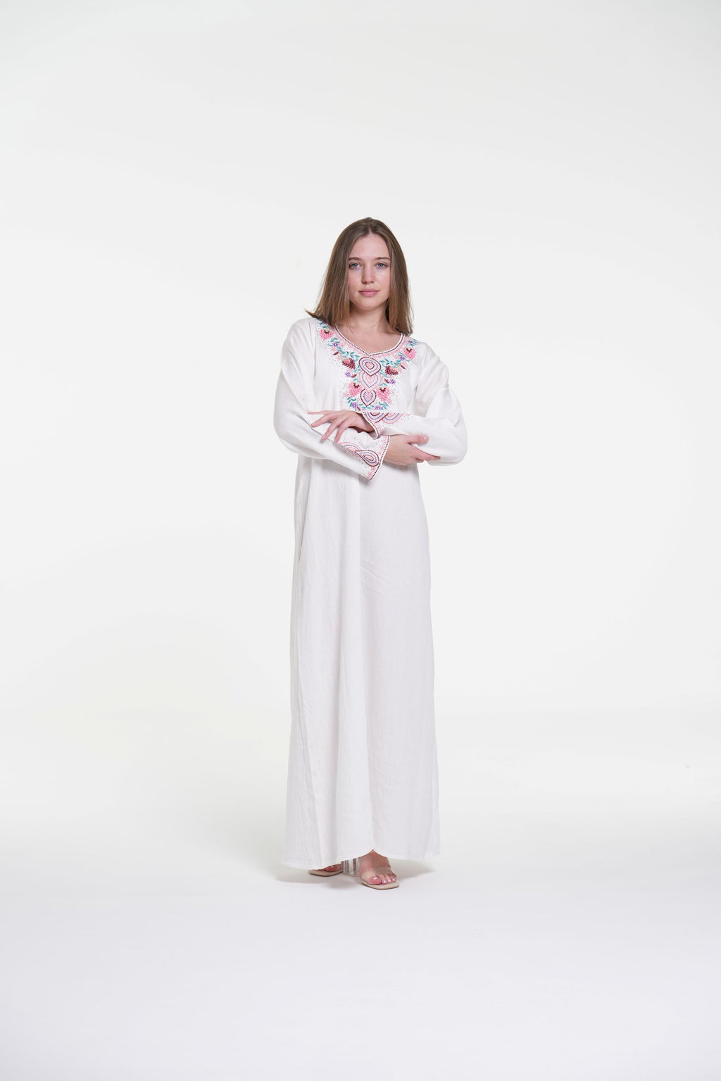 Embroidered Cotton Linen Jalabiya with Strass Detail