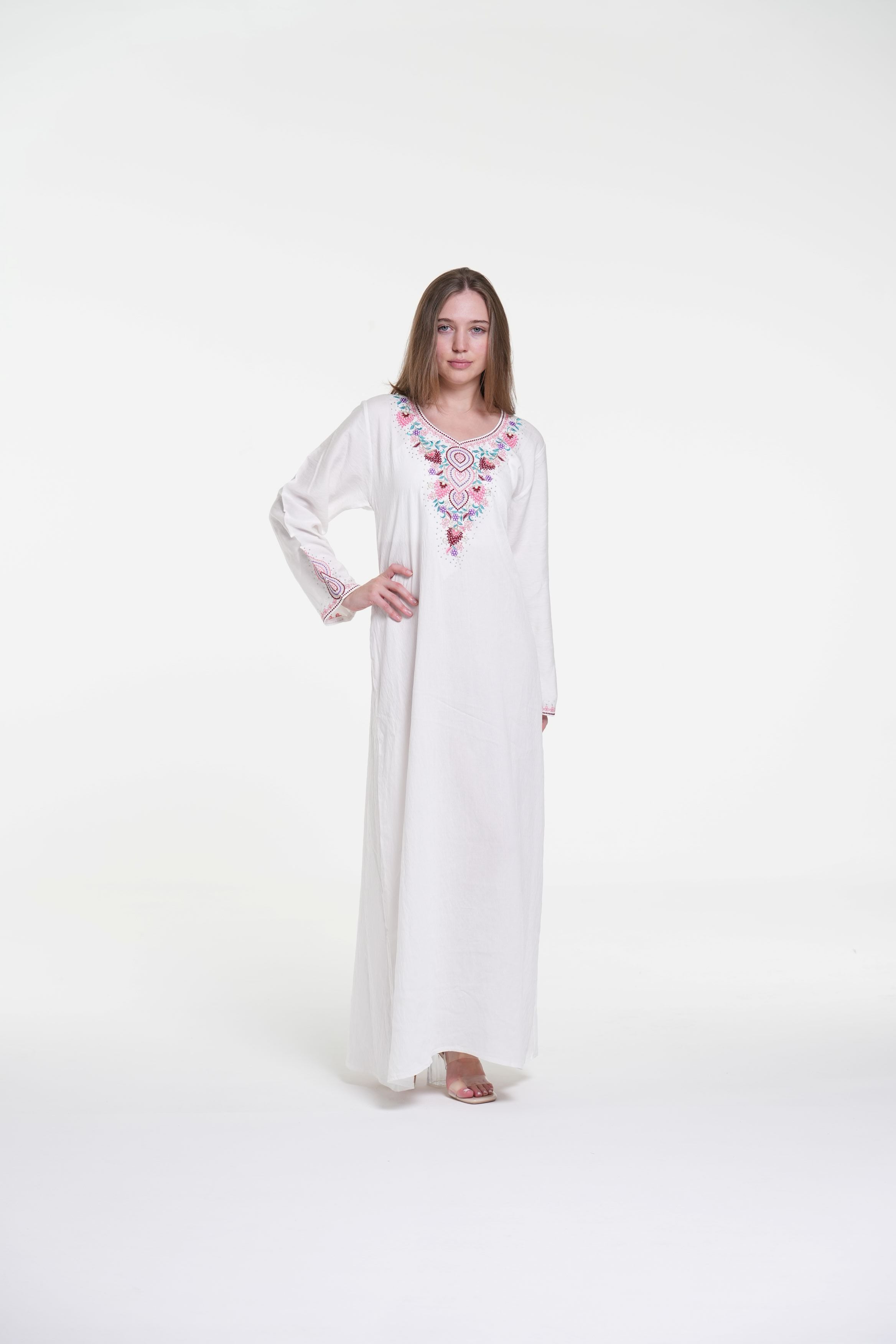 Embroidered Cotton Linen Jalabiya with Strass Detail