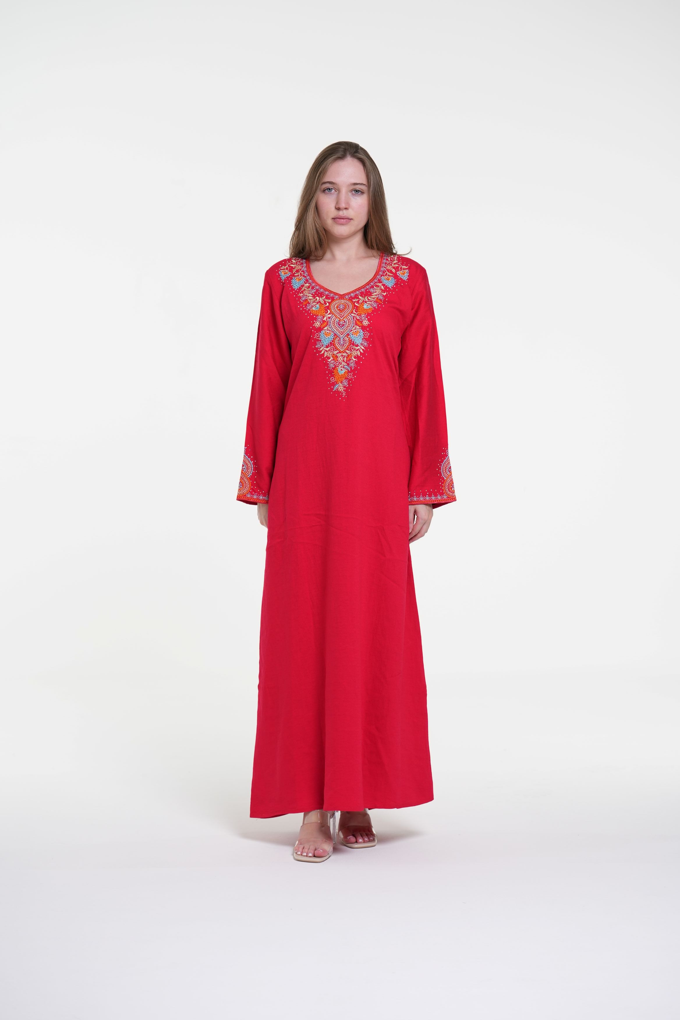 Embroidered Cotton Linen Jalabiya with Strass Detail