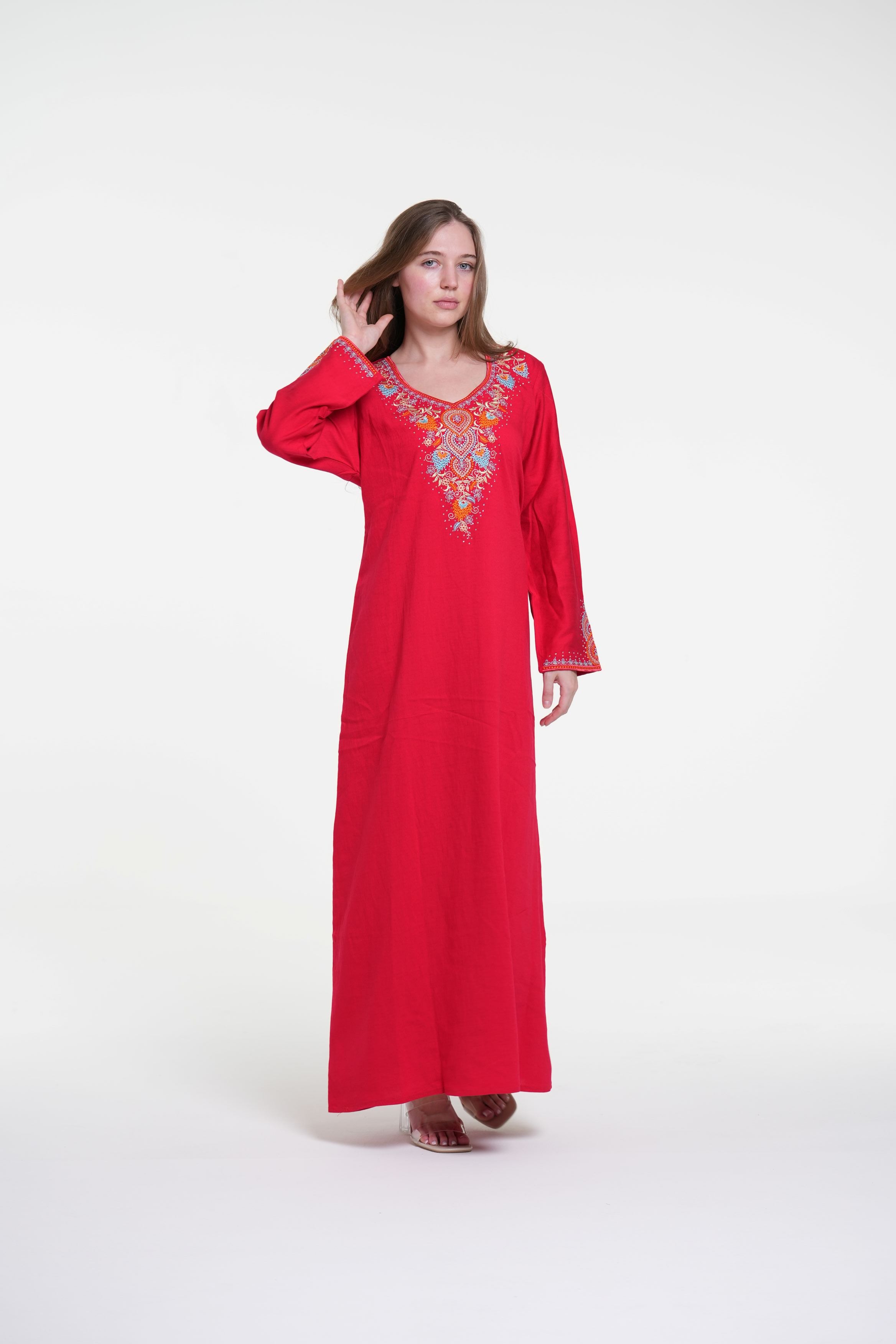 Embroidered Cotton Linen Jalabiya with Strass Detail