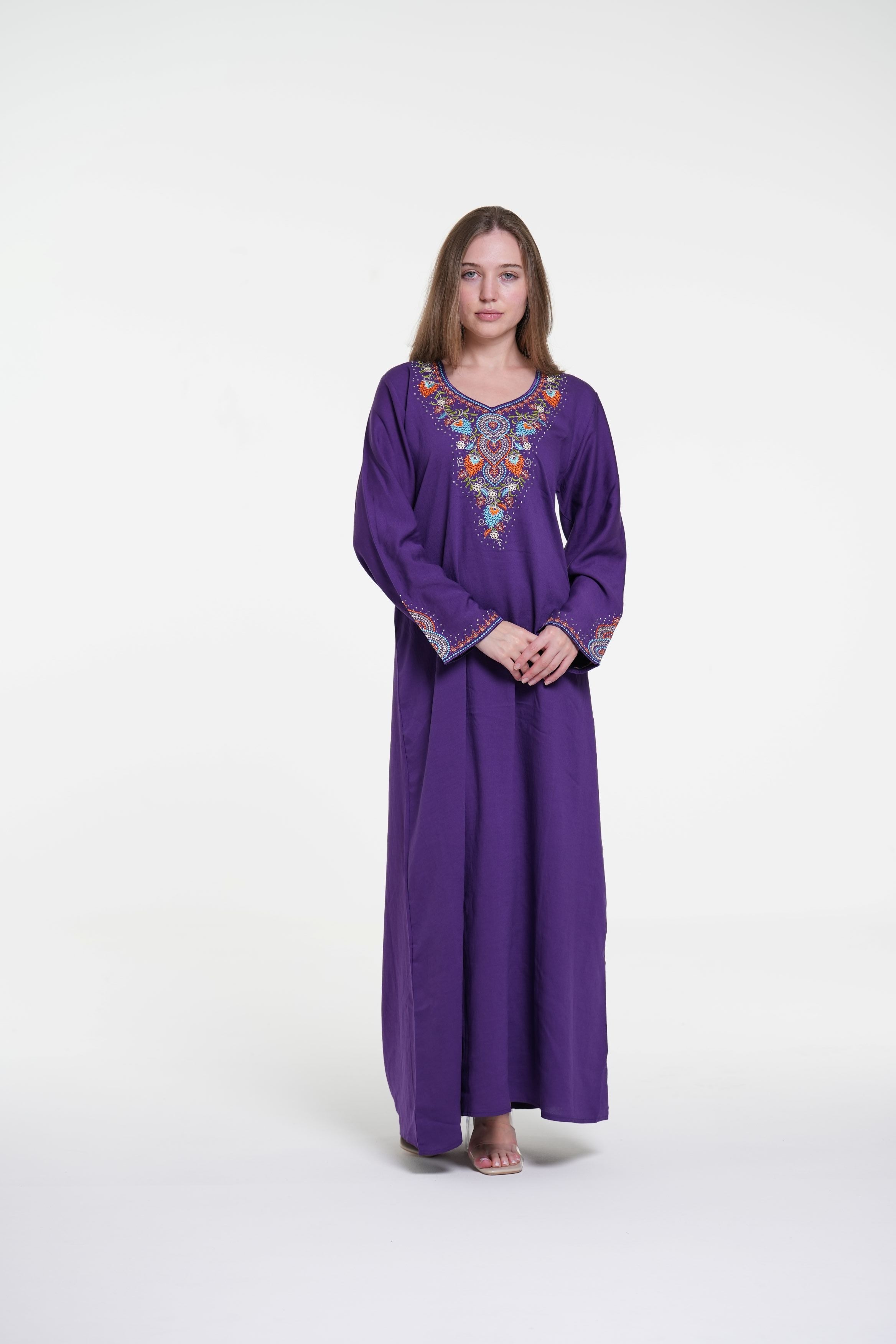 Embroidered Cotton Linen Jalabiya with Strass Detail