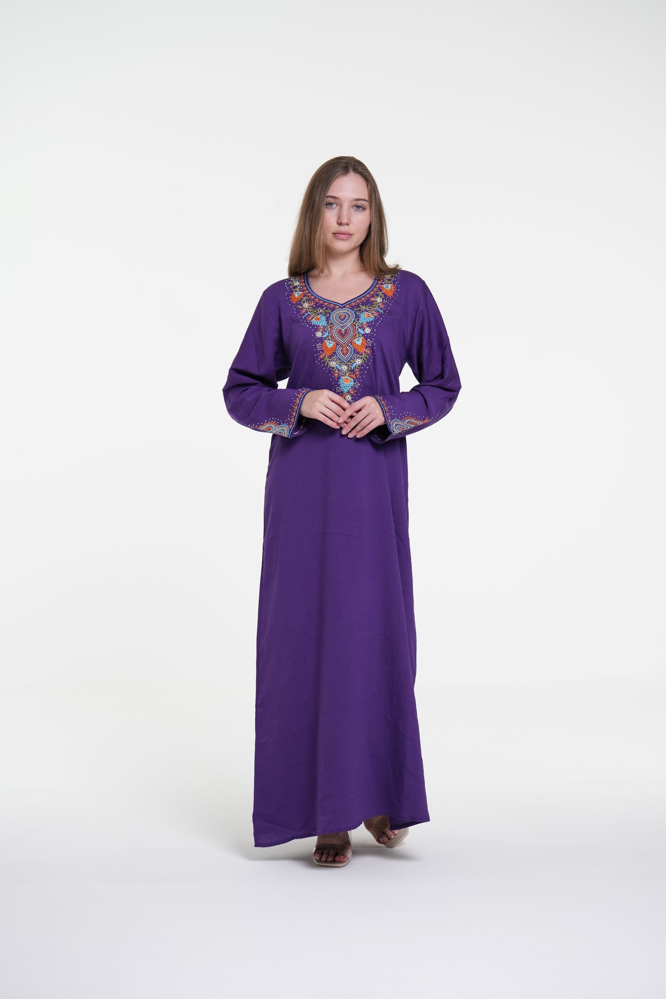 Embroidered Cotton Linen Jalabiya with Strass Detail