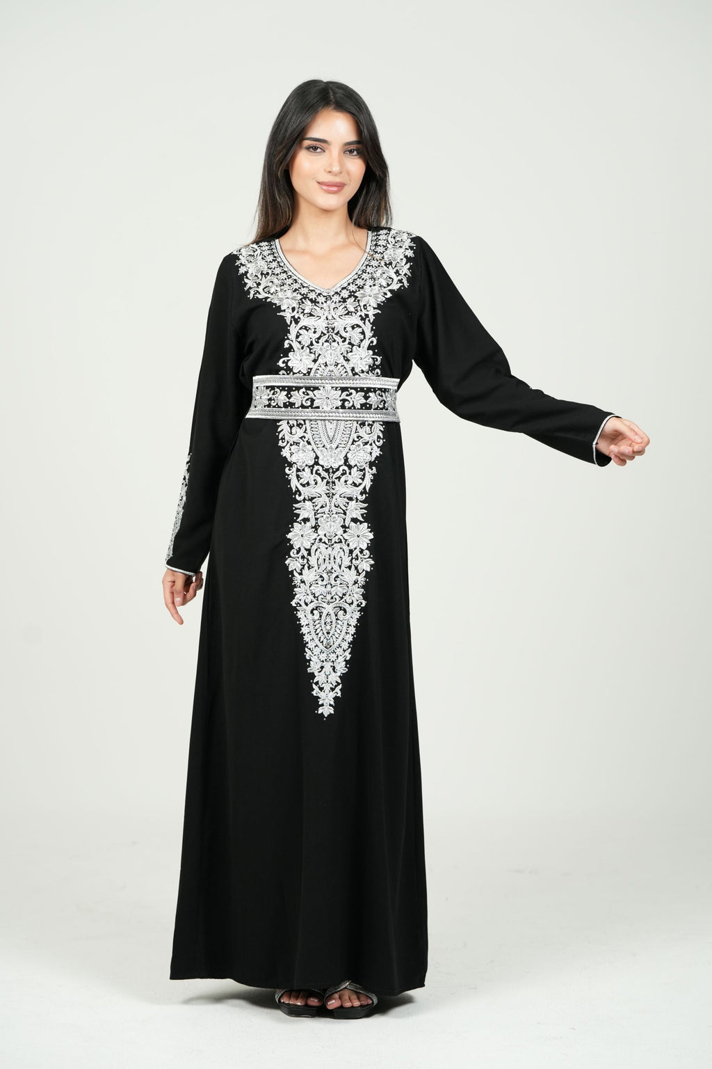 Palestinian Embroidered Jalabiya with Silver Details and Belt