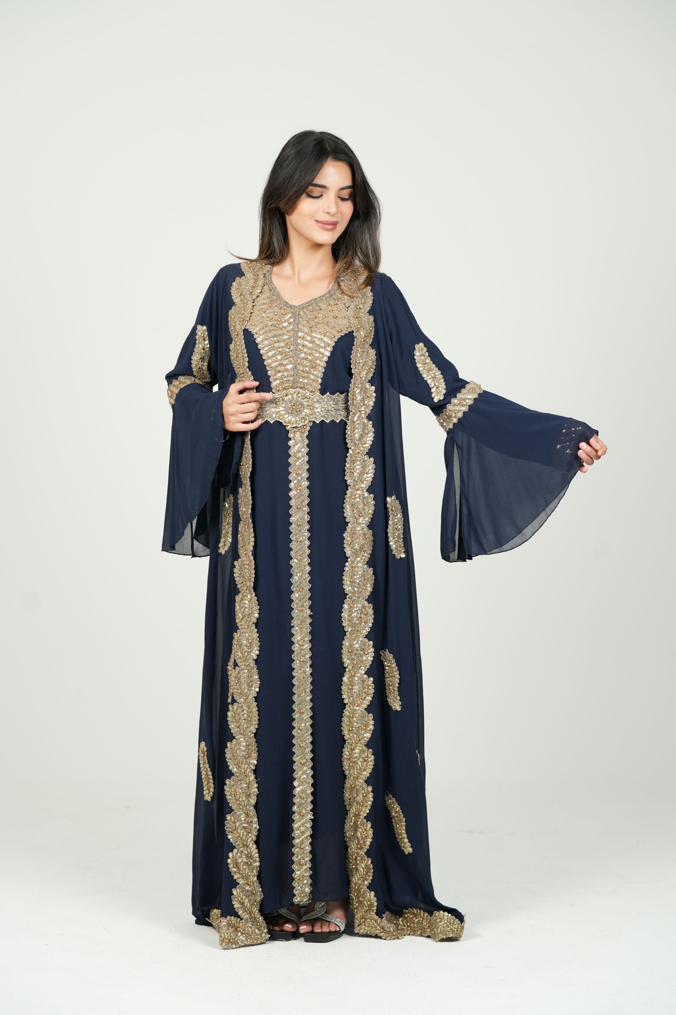 Embroidered White Caftan with Regal Details with belt