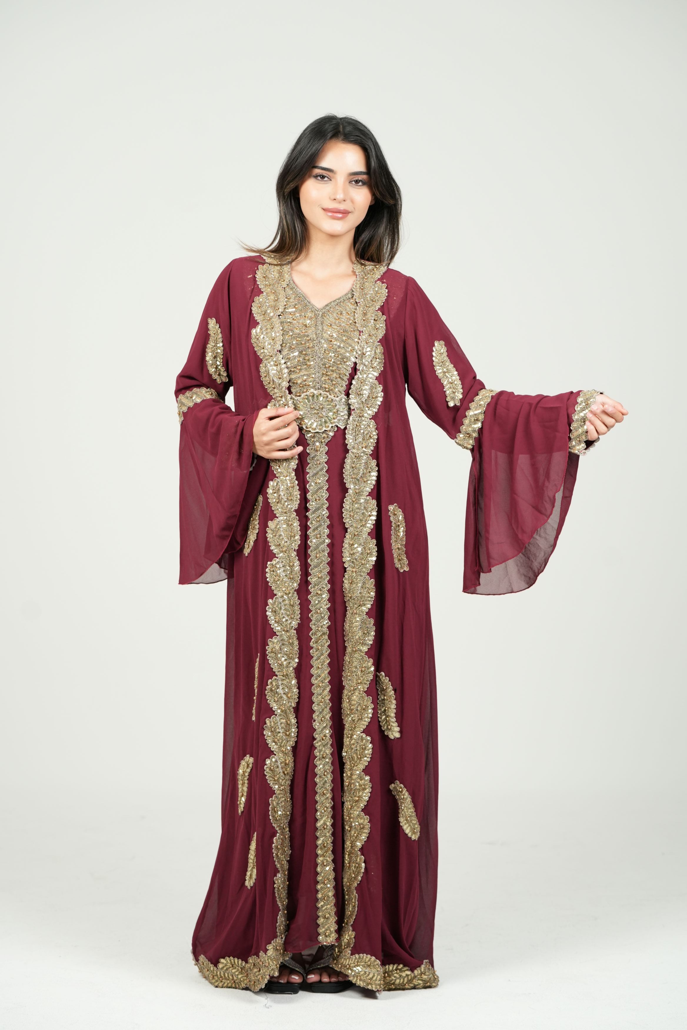 Embroidered White Caftan with Regal Details with belt