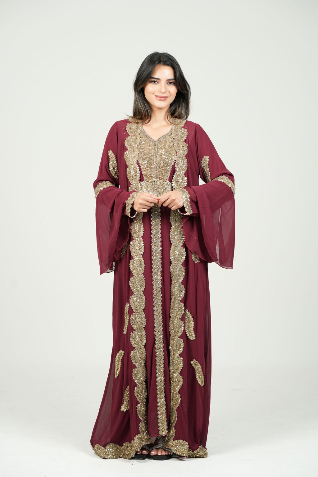 Embroidered White Caftan with Regal Details with belt