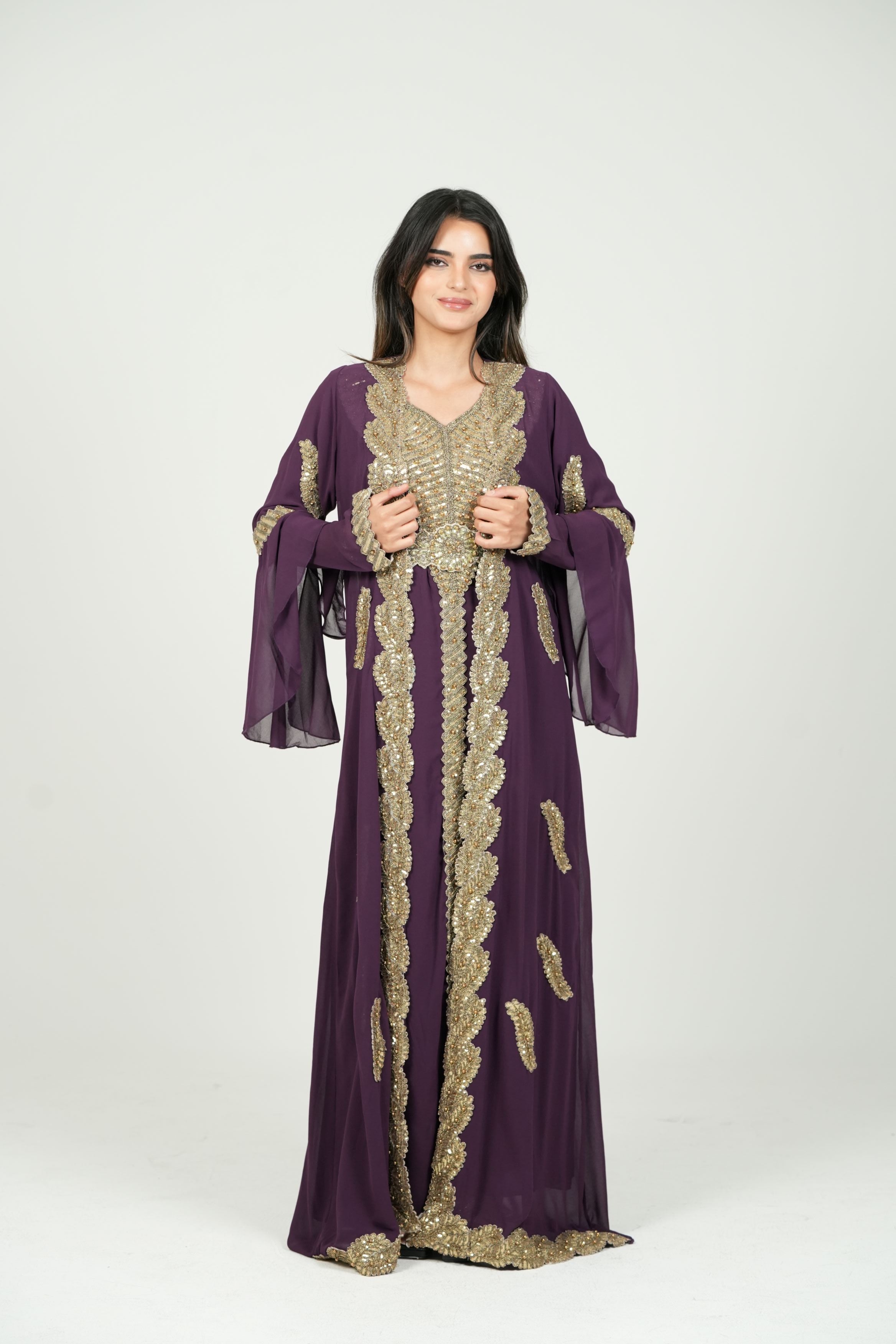 Embroidered White Caftan with Regal Details with belt