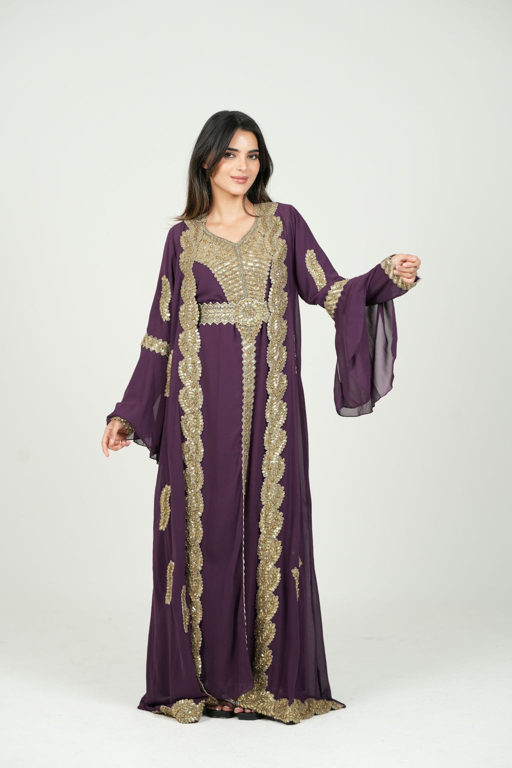 Embroidered White Caftan with Regal Details with belt