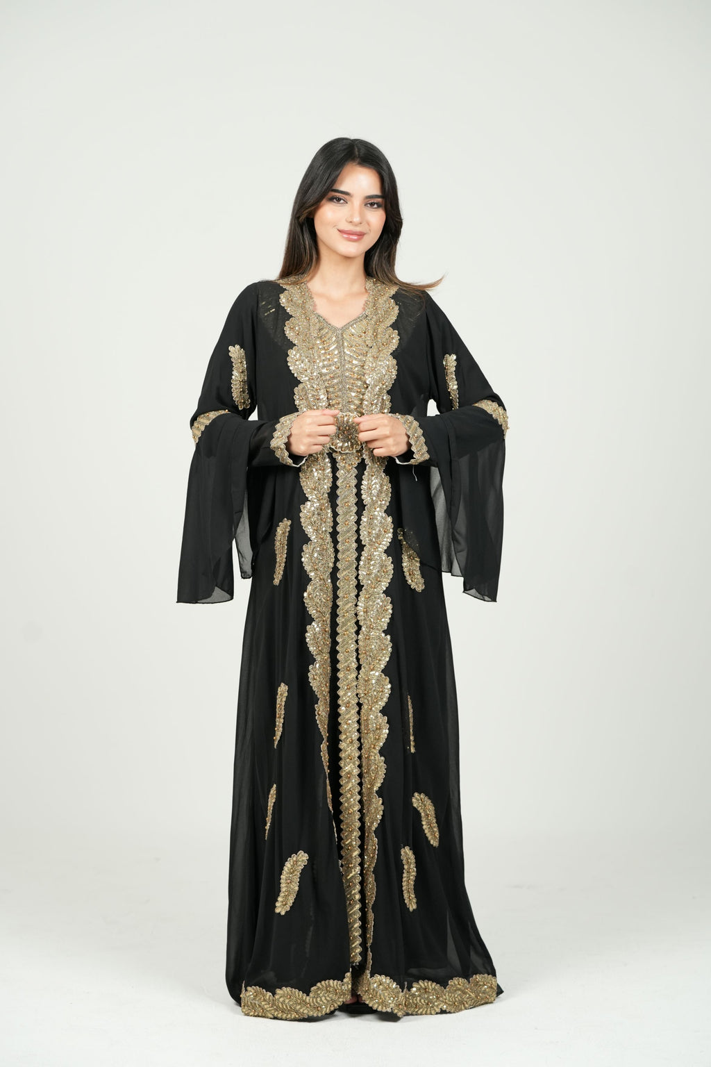 Embroidered White Caftan with Regal Details with belt