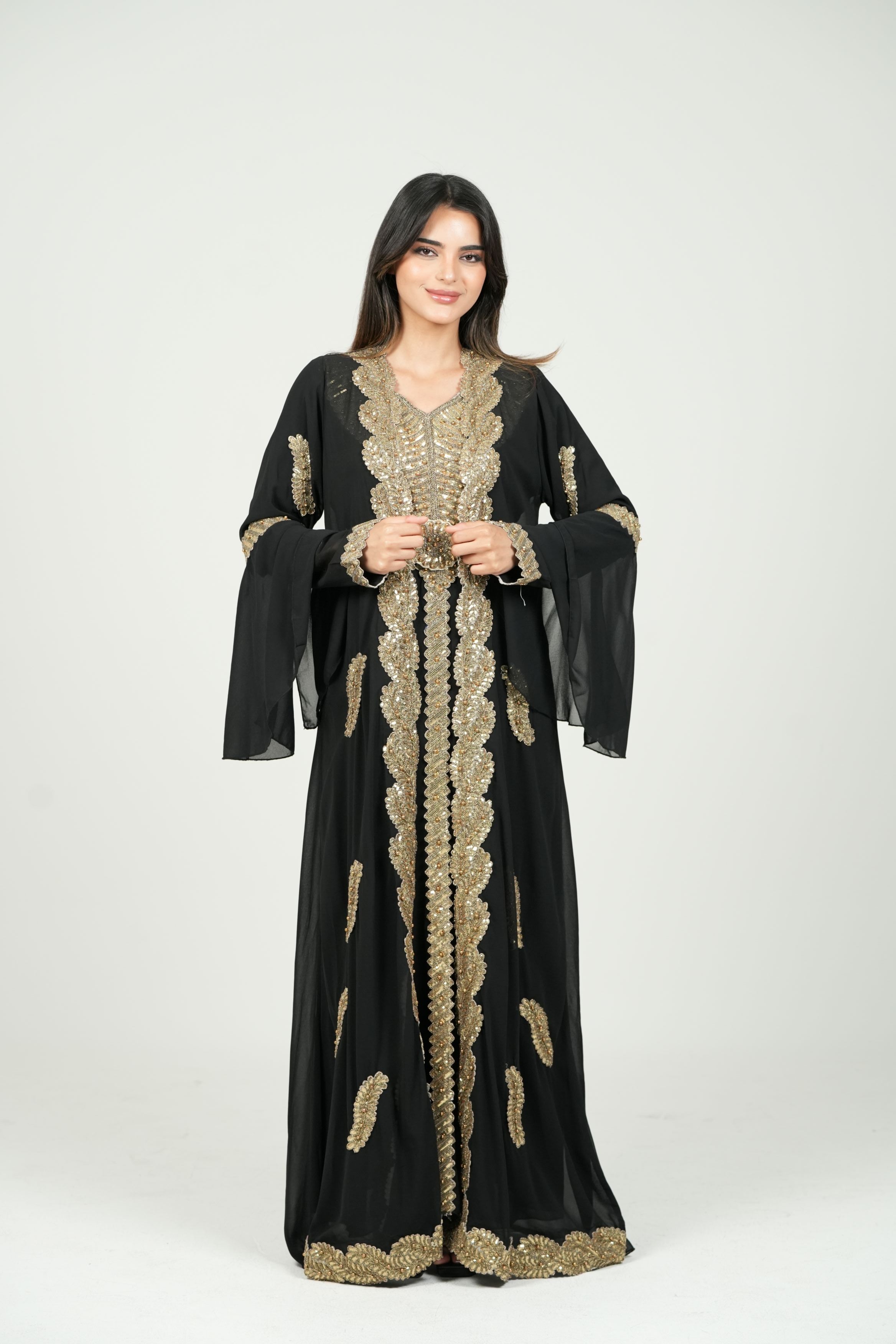 Embroidered White Caftan with Regal Details with belt